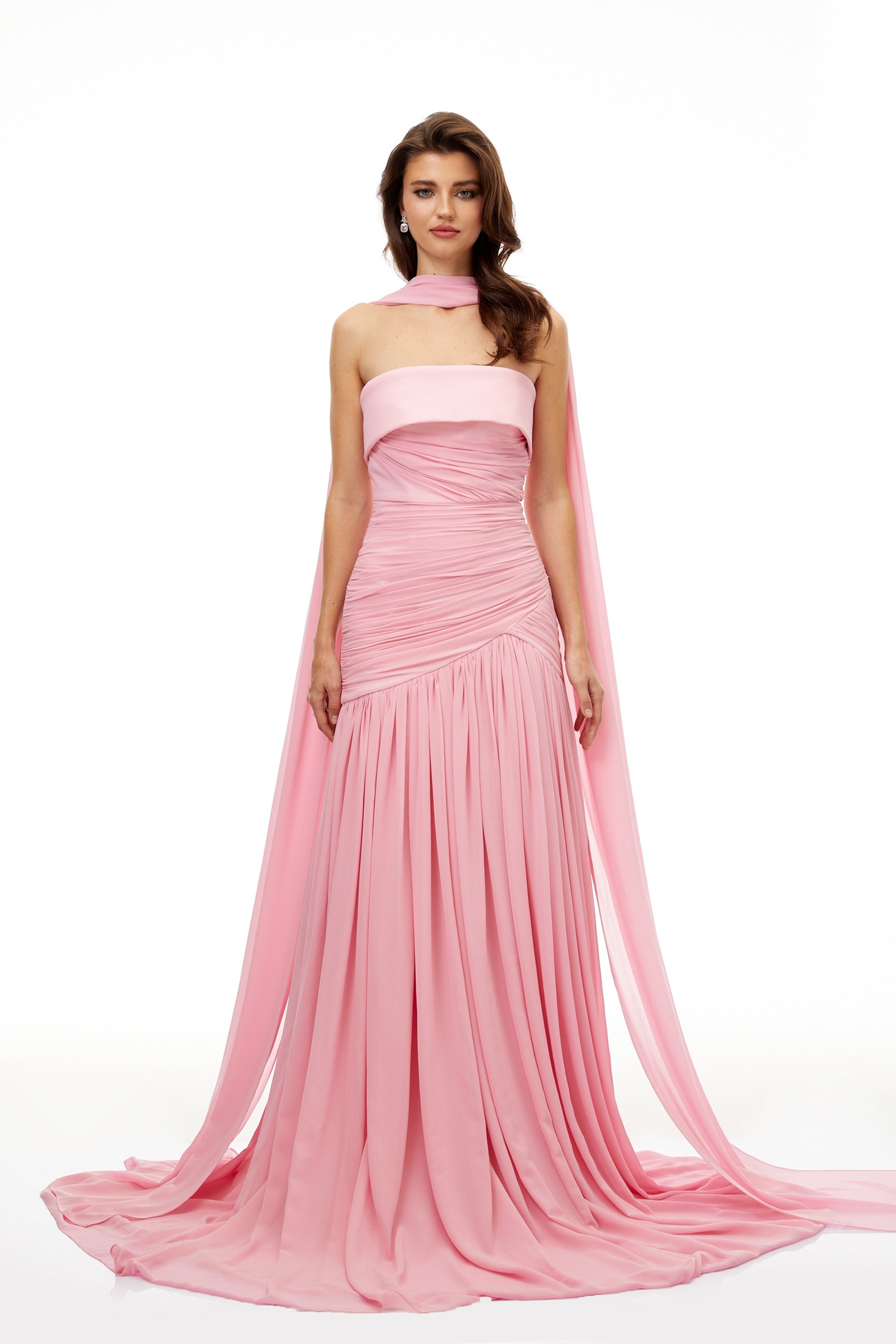 Laetitia Pink Pleated Train Ruched Maxi Dress