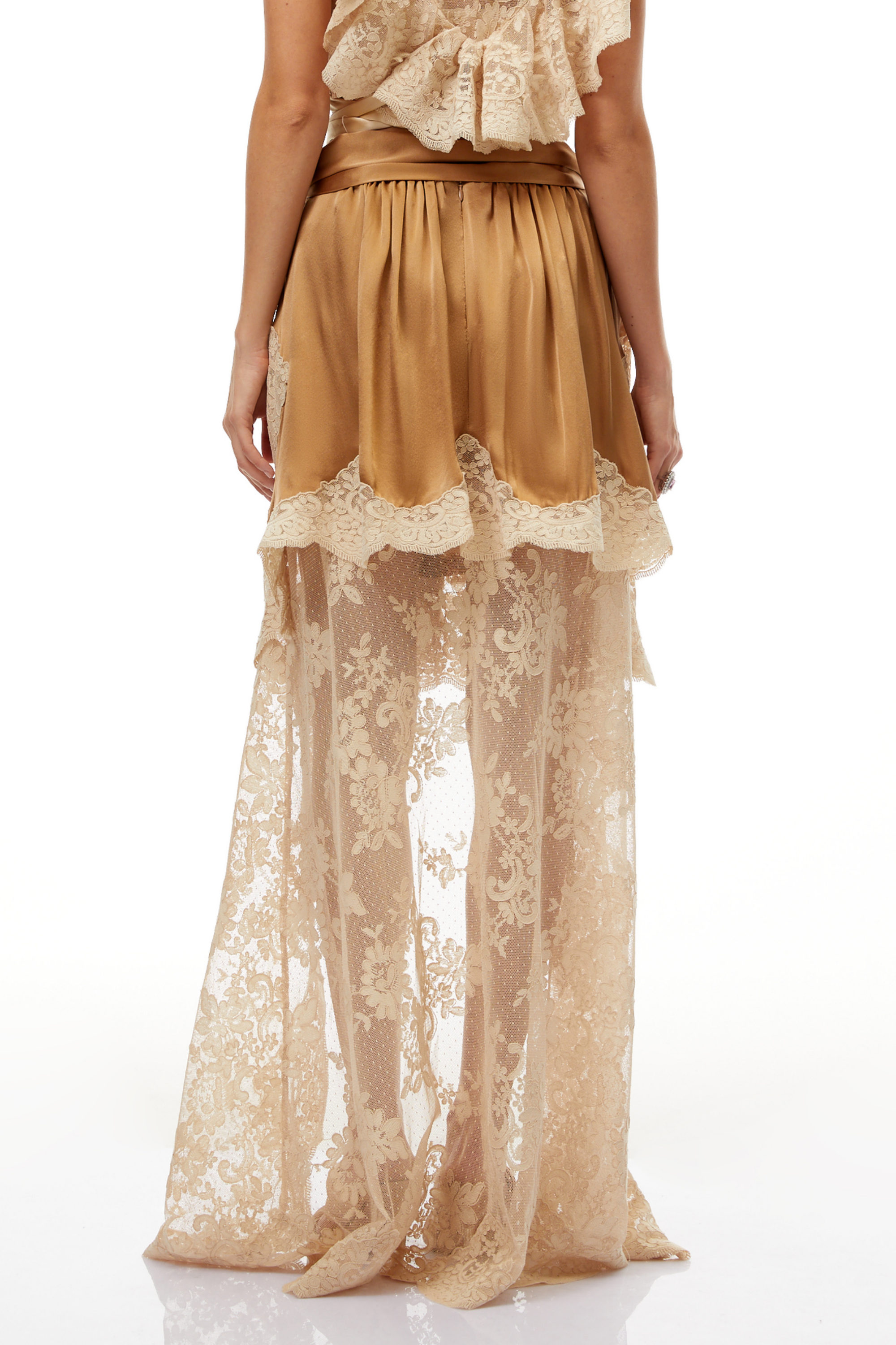 Pascale Neutral Asymmetrical Satin Panel Lace Skirt