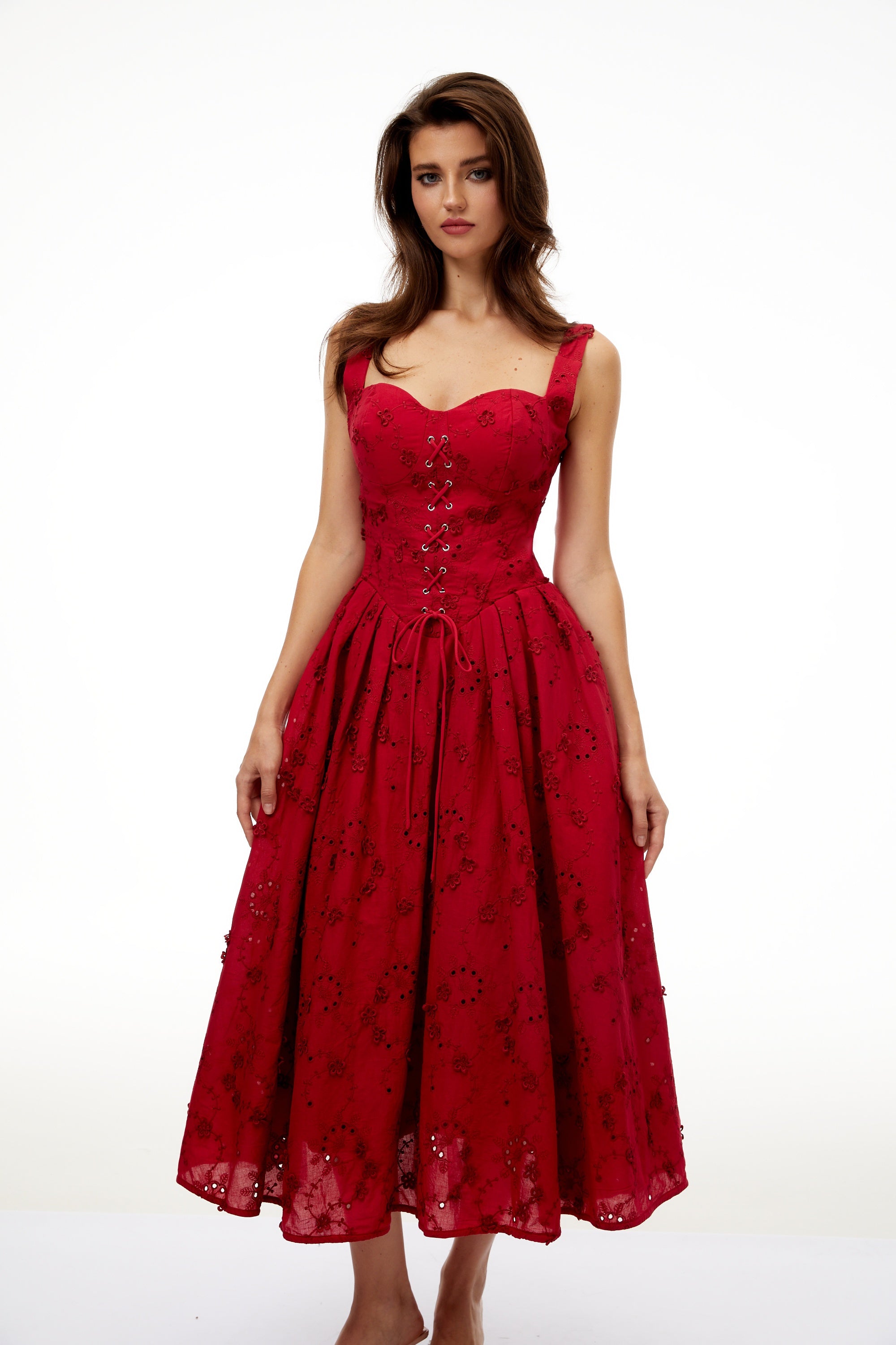 Panna Red Floral Embroidered Corset Midi Dress