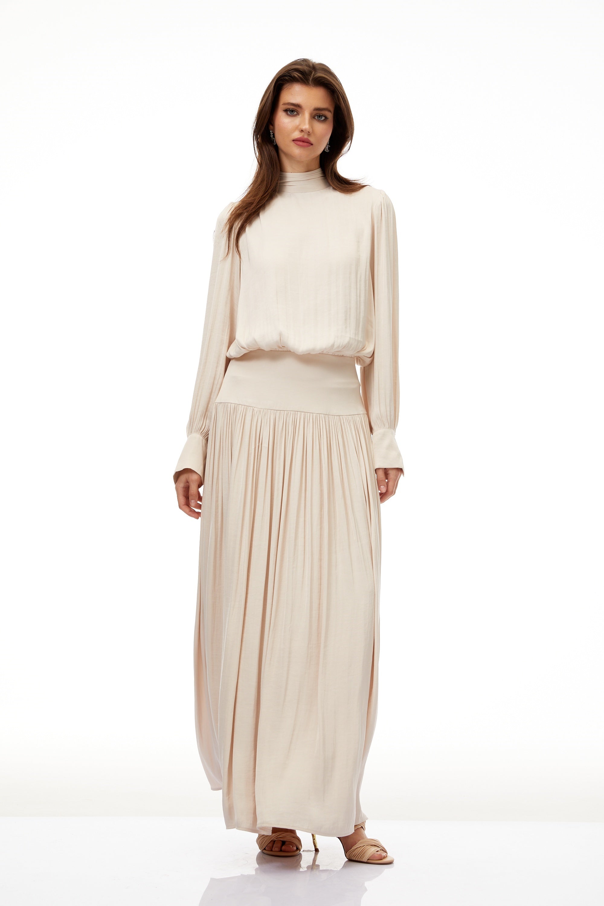 Valérie Neutral Self-Tie Pleated Maxi Dress (Final Sale)