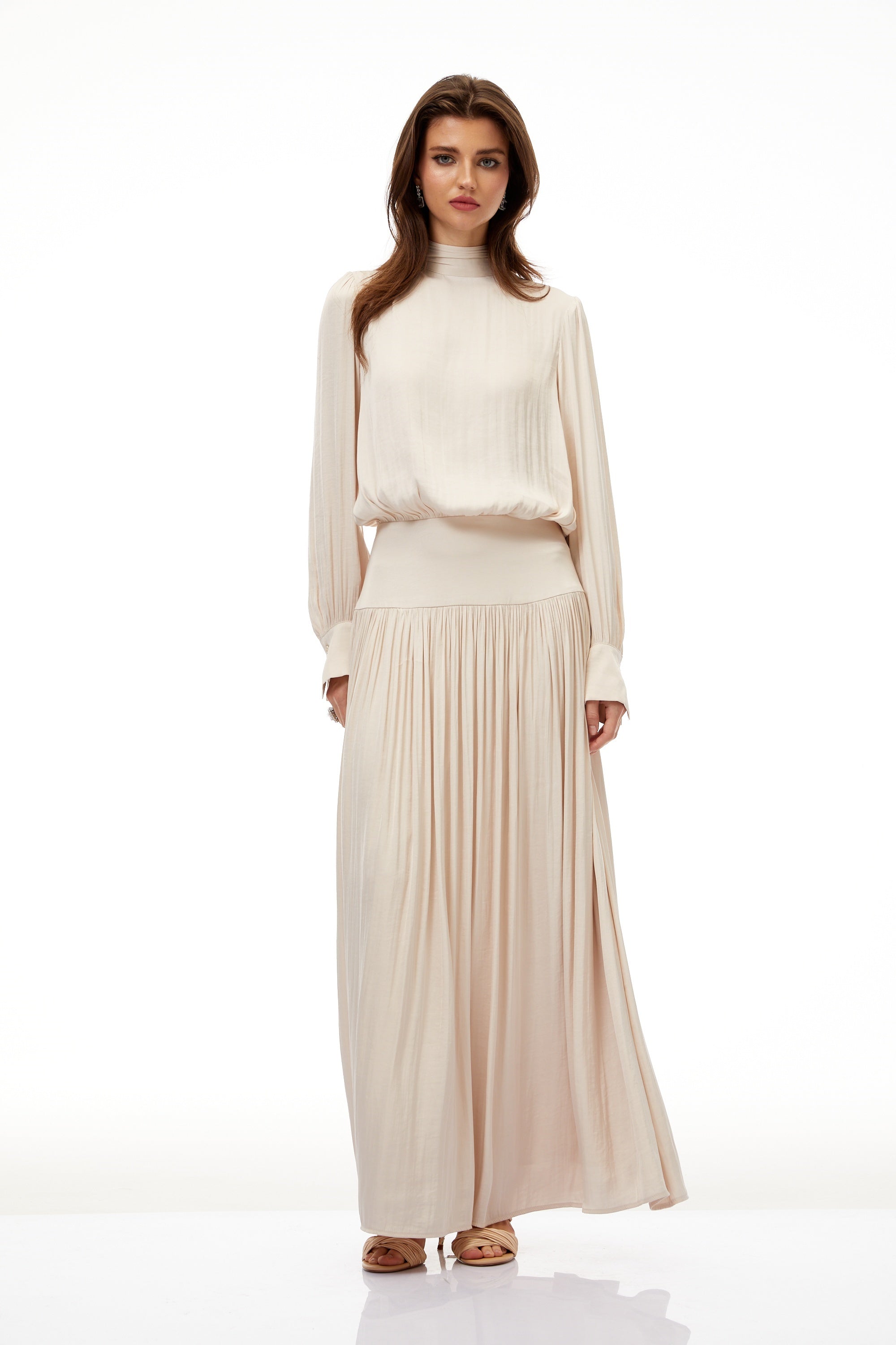Valérie Neutral Self-Tie Pleated Maxi Dress (Final Sale)