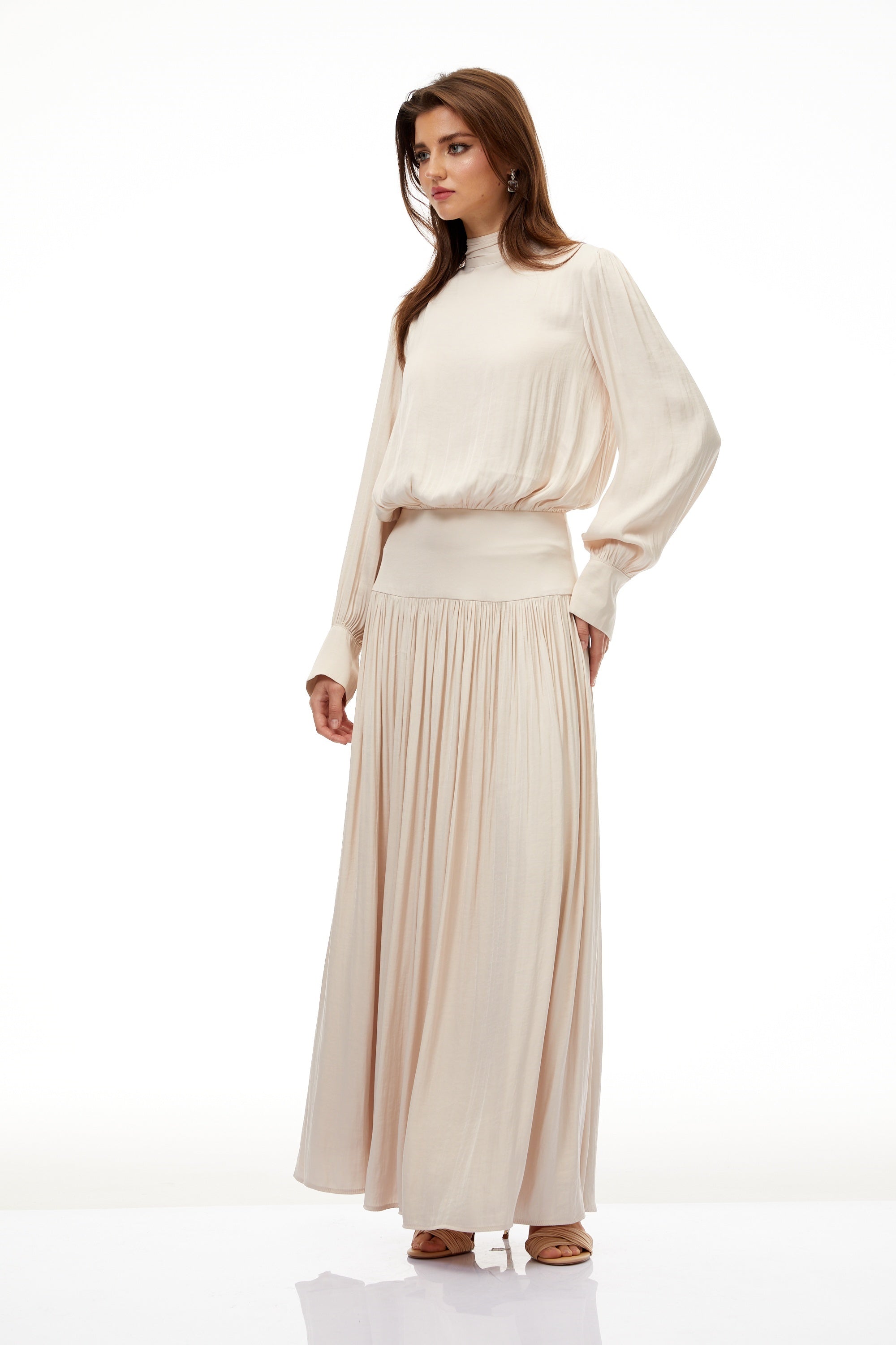 Valérie Neutral Self-Tie Pleated Maxi Dress (Final Sale)