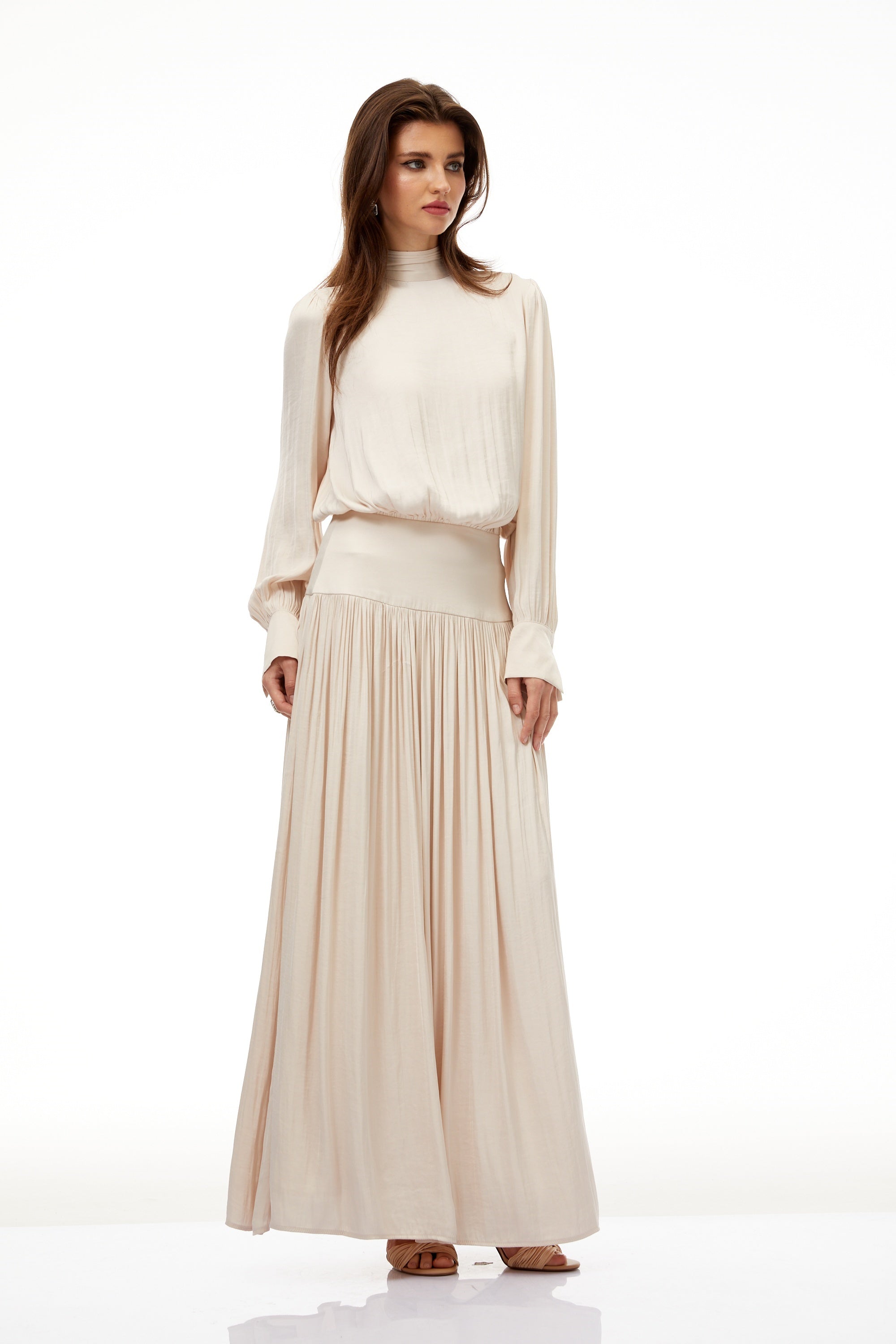 Valérie Neutral Self-Tie Pleated Maxi Dress (Final Sale)