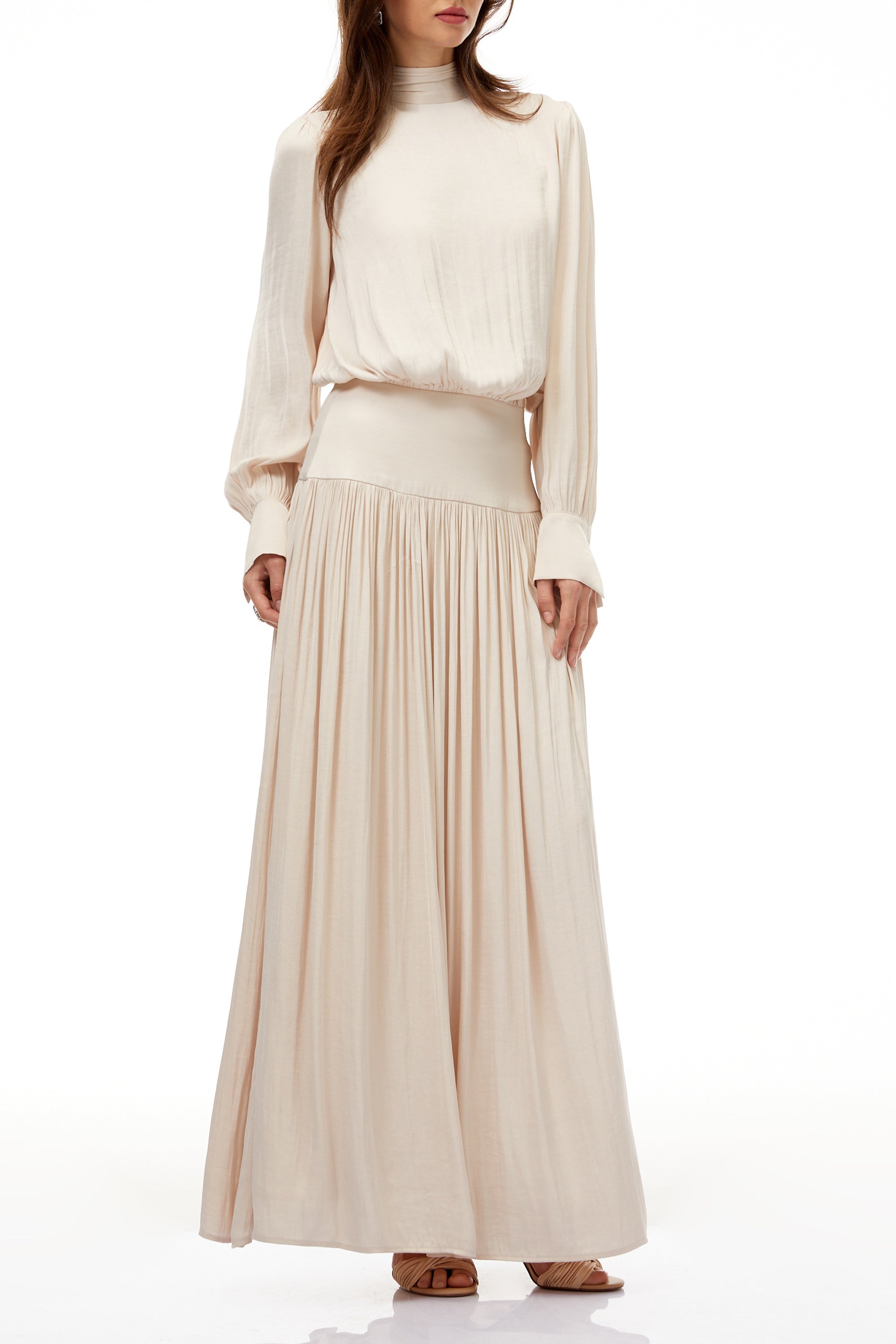 Valérie Neutral Self-Tie Pleated Maxi Dress (Final Sale)