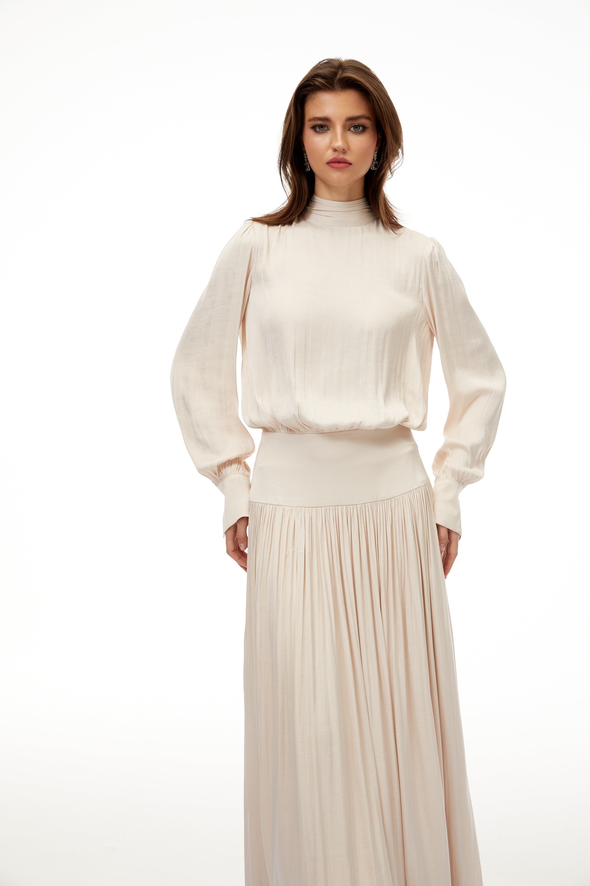 Valérie Neutral Self-Tie Pleated Maxi Dress (Final Sale)
