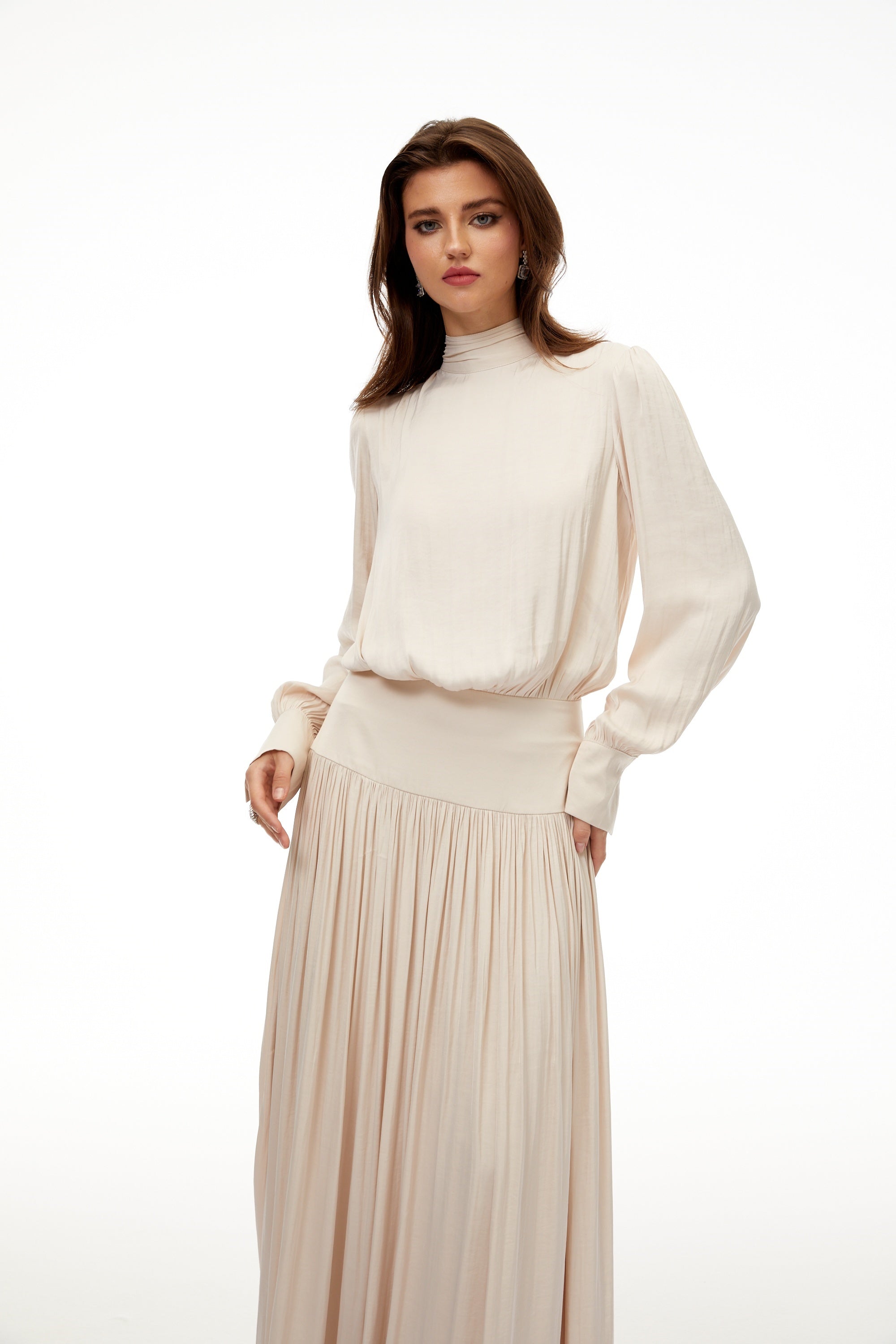 Valérie Neutral Self-Tie Pleated Maxi Dress (Final Sale)
