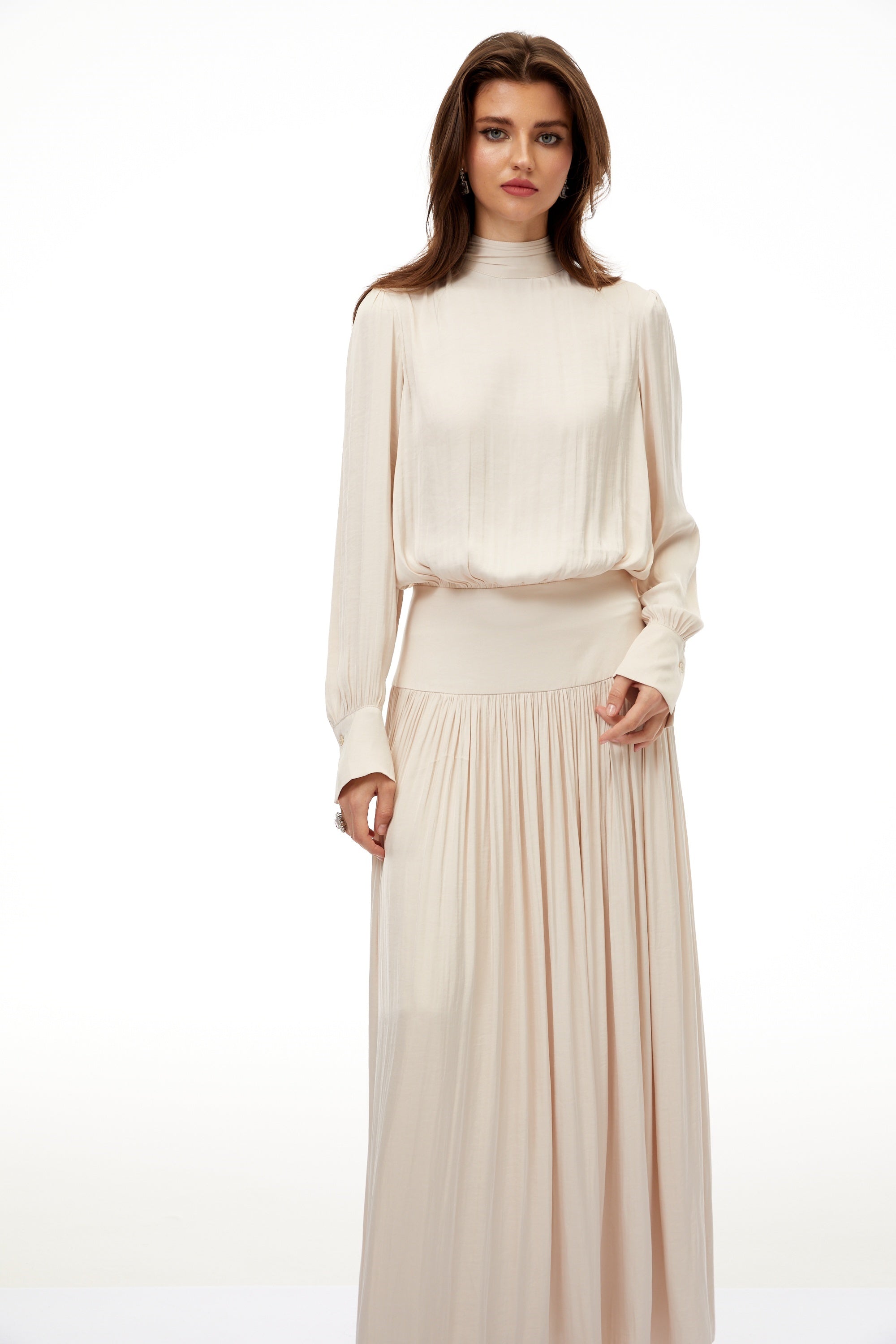 Valérie Neutral Self-Tie Pleated Maxi Dress (Final Sale)