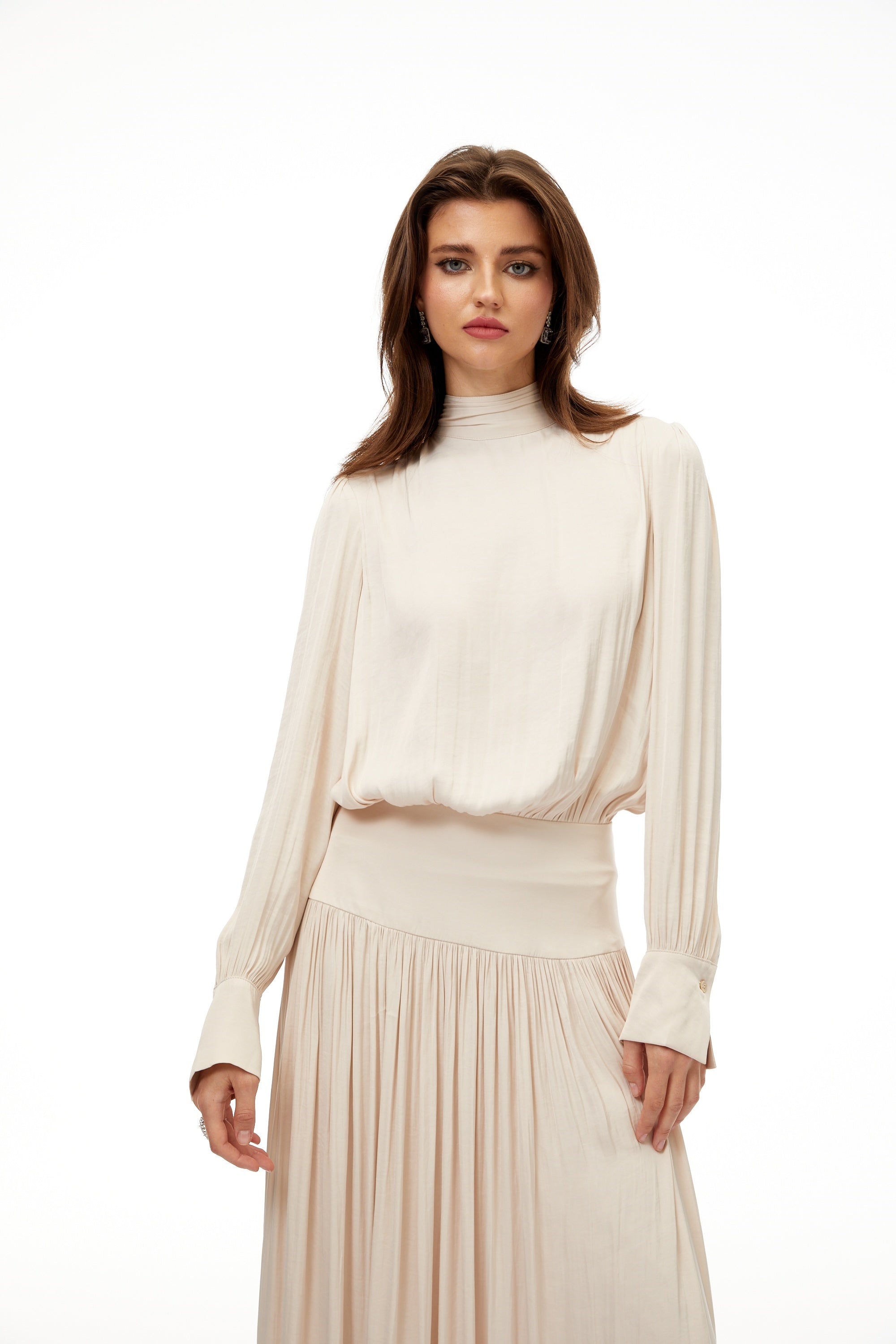 Valérie Neutral Self-Tie Pleated Maxi Dress (Final Sale)