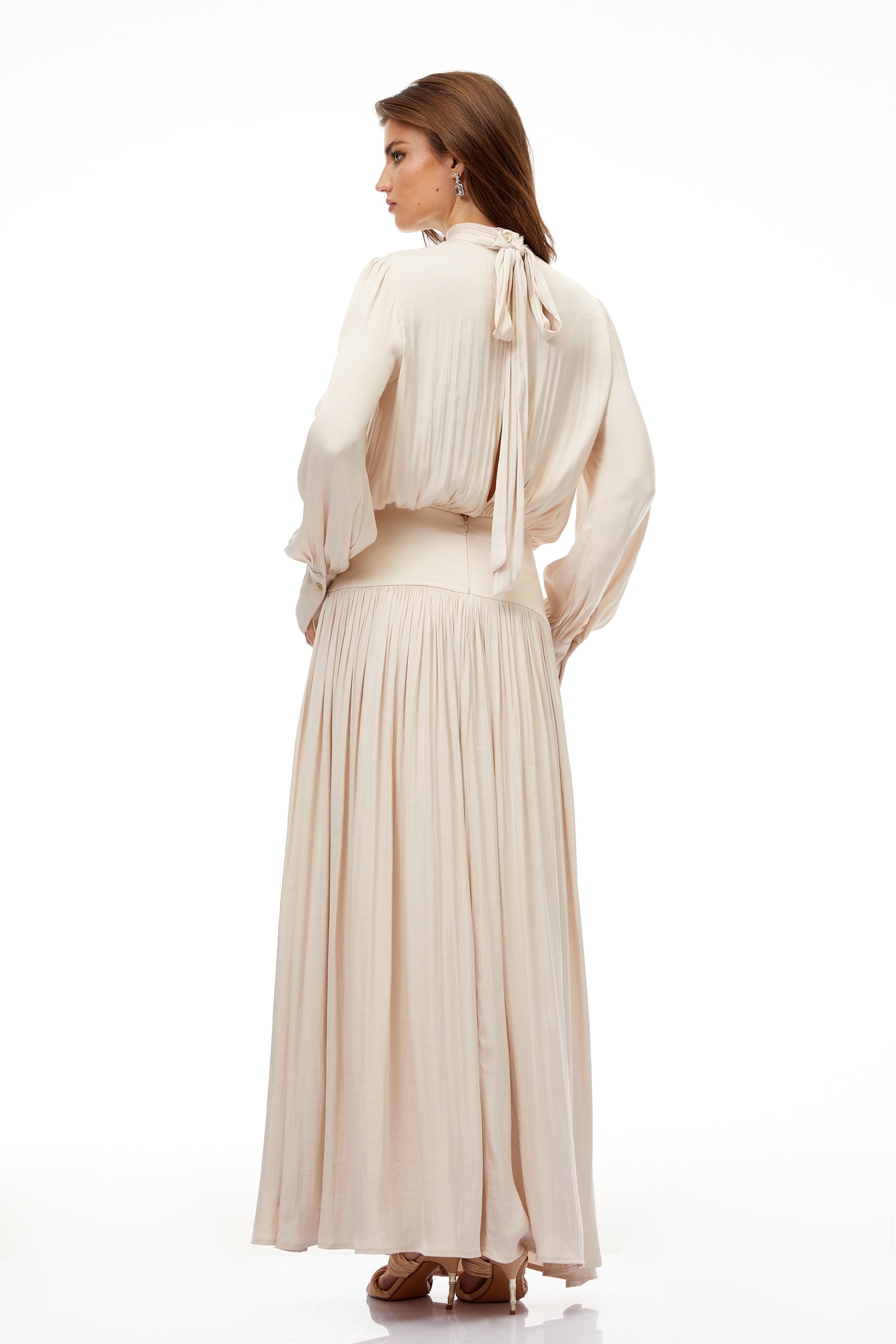 Valérie Neutral Self-Tie Pleated Maxi Dress (Final Sale)