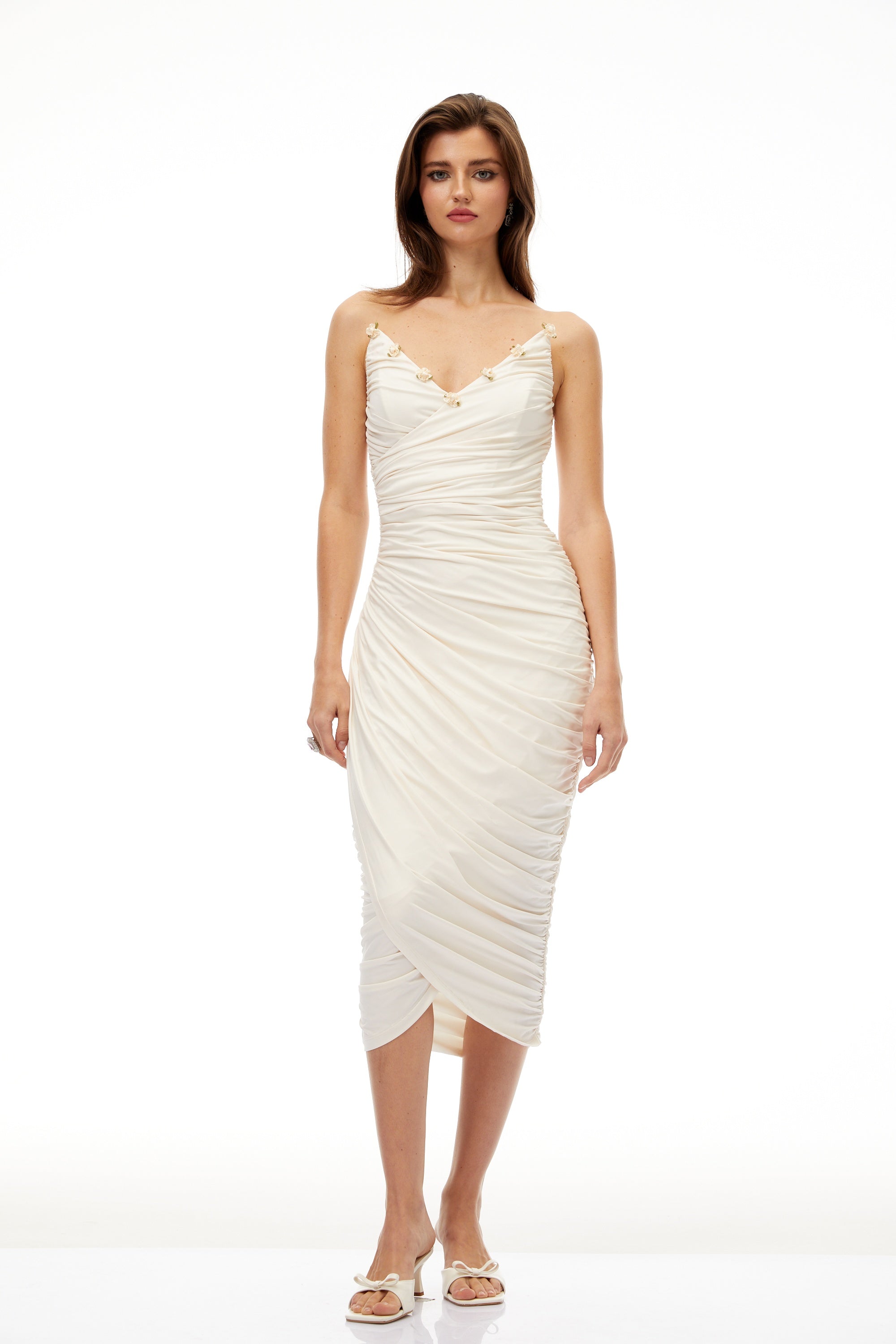 Geneviève White Floral Gathered Midi Bodycon Dress