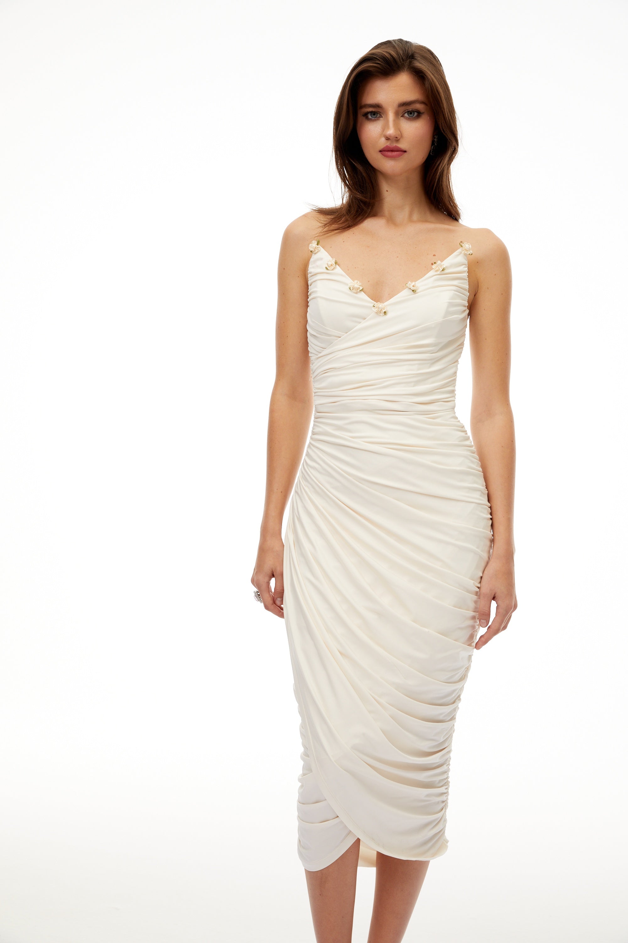 Geneviève White Floral Gathered Midi Bodycon Dress