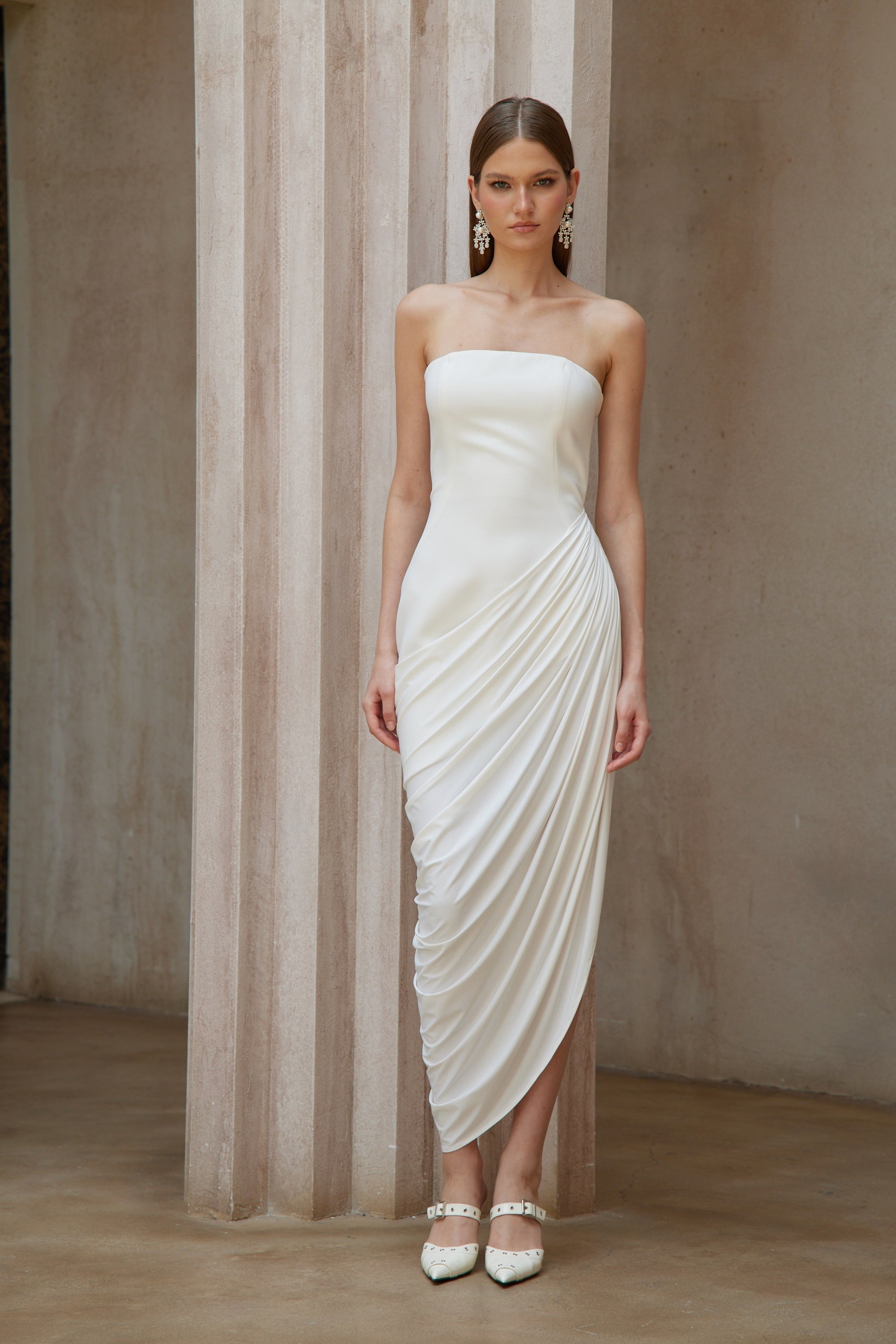 Wanda White Asymmetrical Ruched Midi Dress