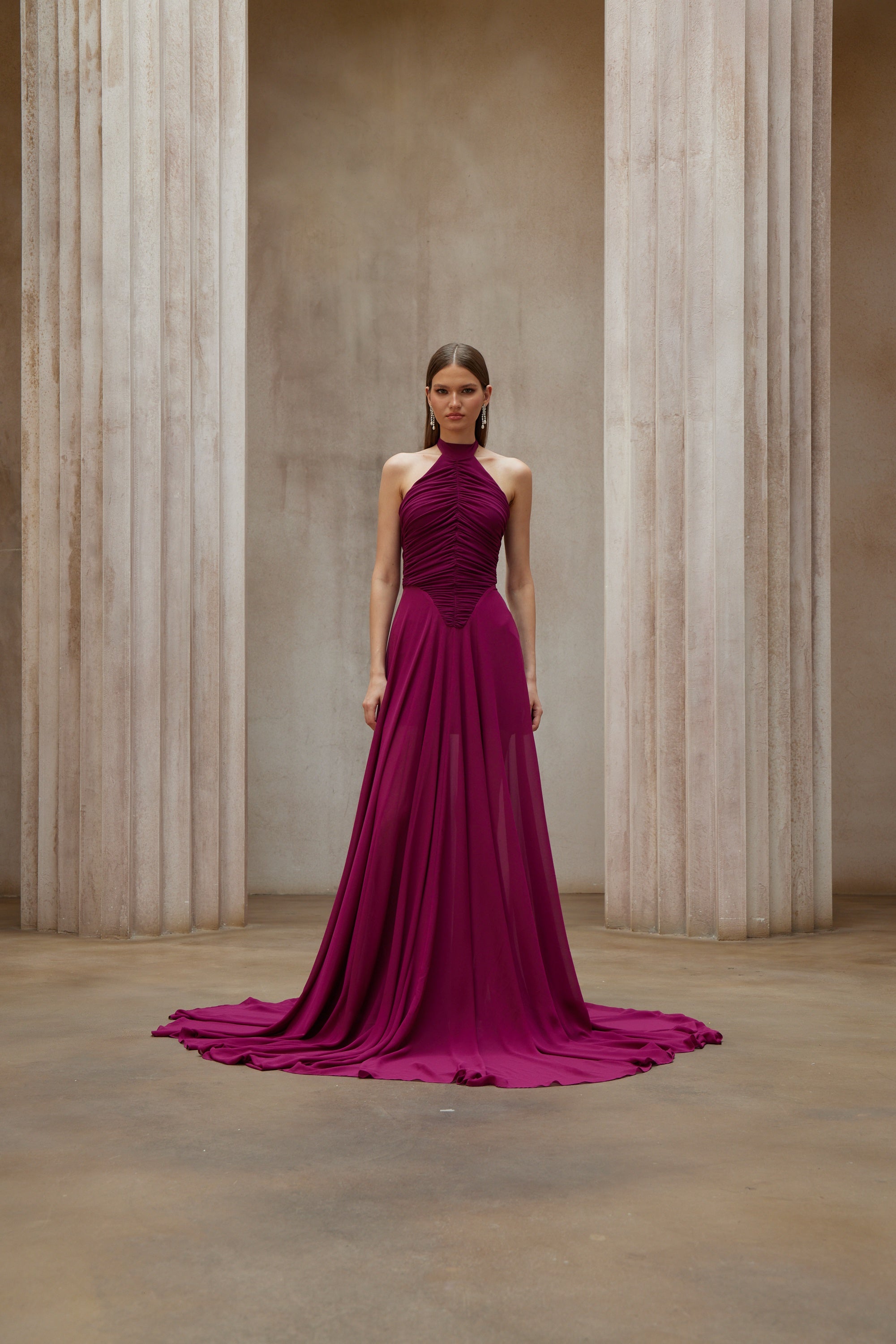 Kerstin Purple Train Design Ruched Maxi Dress