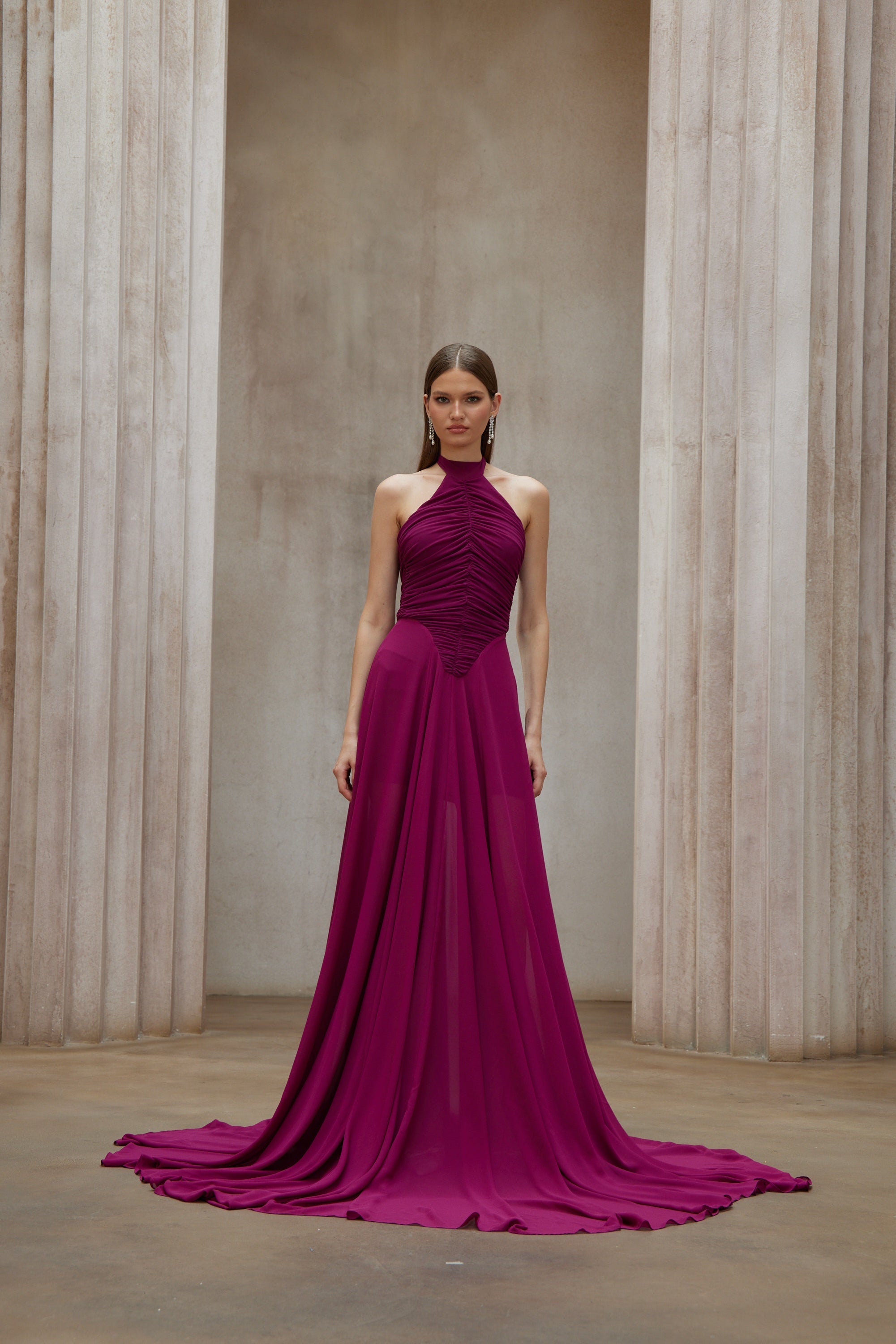 Kerstin Purple Train Design Ruched Maxi Dress