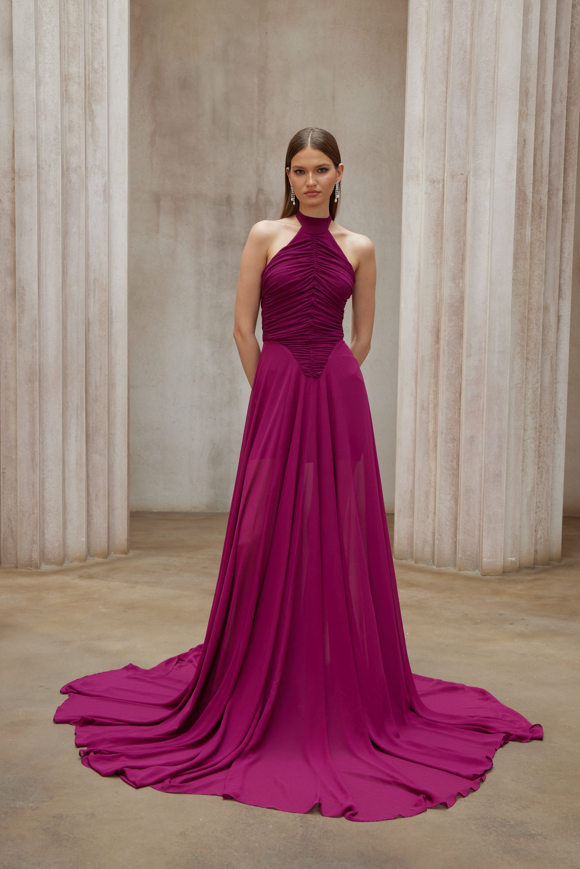 Kerstin Purple Train Design Ruched Maxi Dress