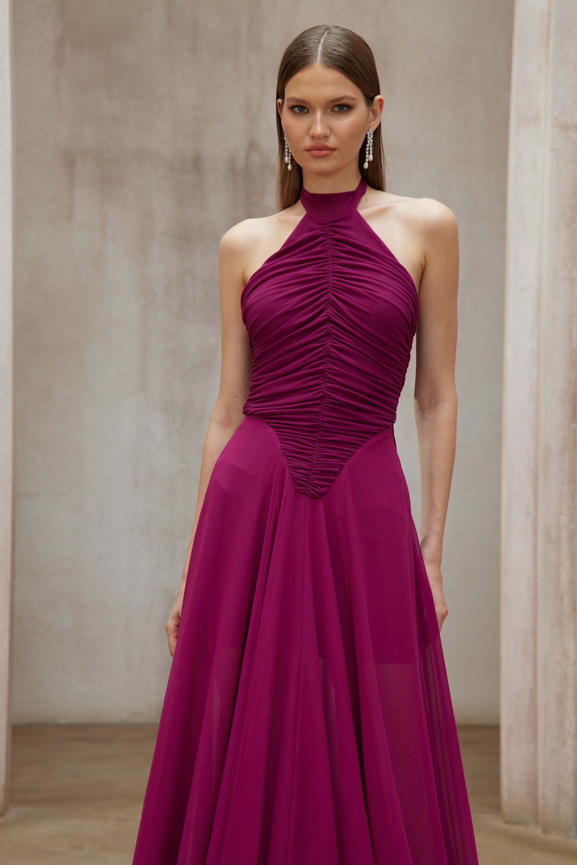 Kerstin Purple Train Design Ruched Maxi Dress