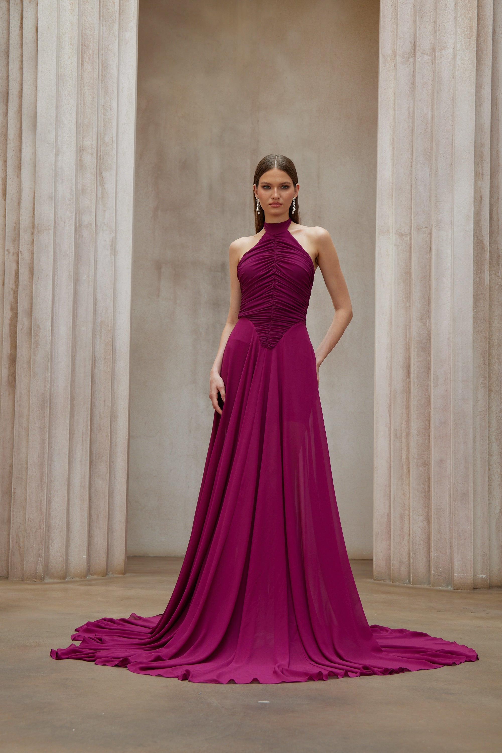 Kerstin Purple Train Design Ruched Maxi Dress