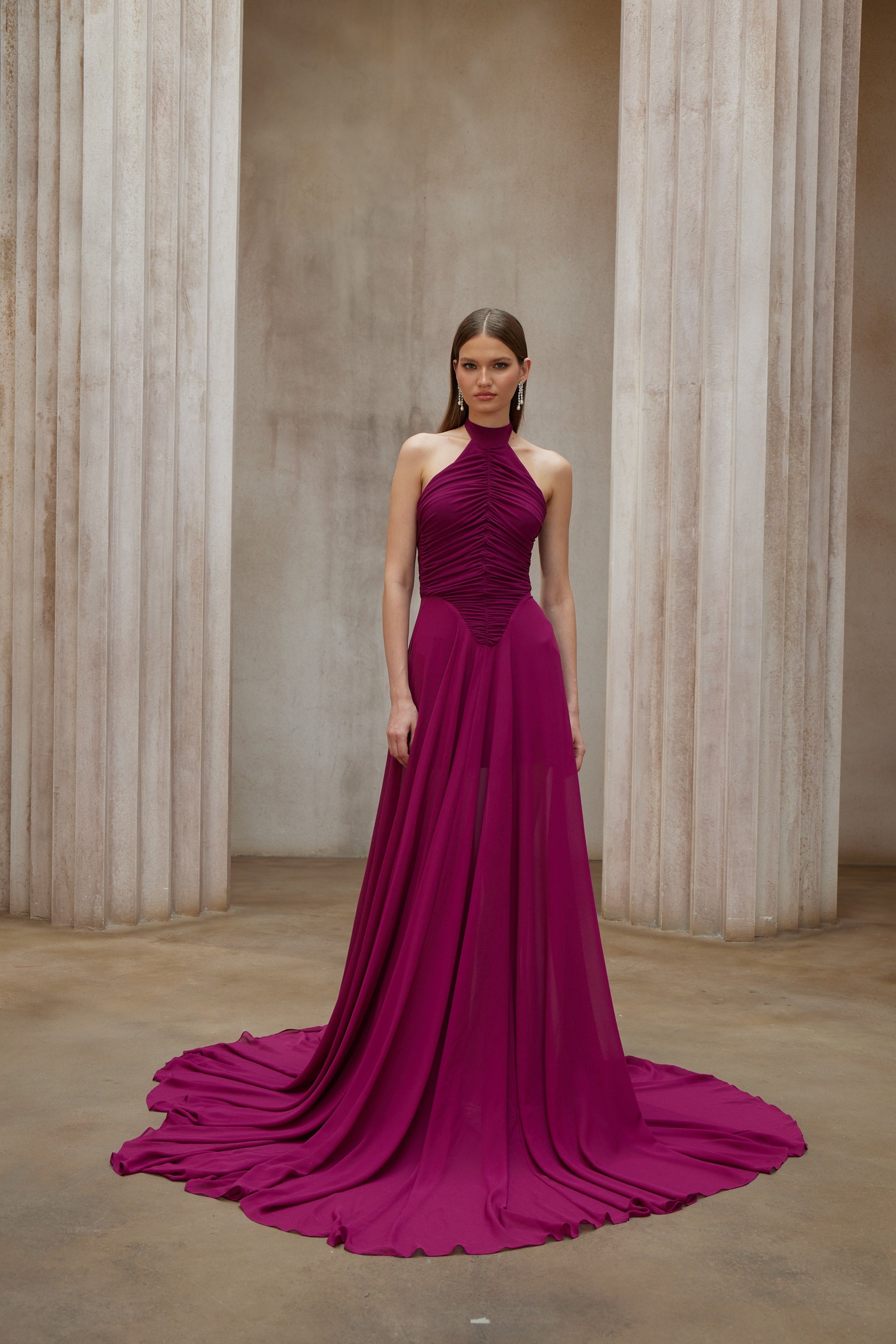 Kerstin Purple Train Design Ruched Maxi Dress