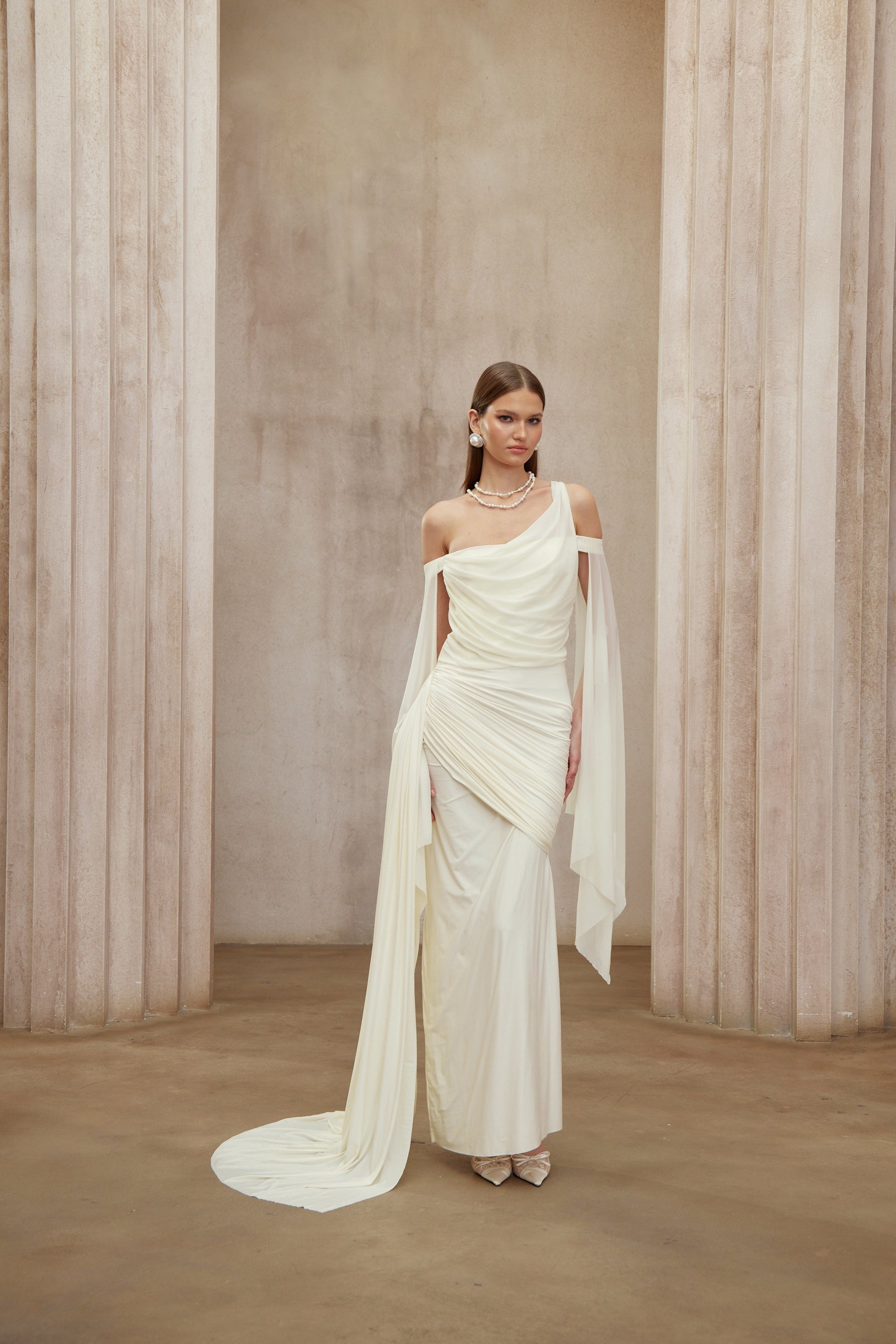 Aurianne White Asymmetrical Draped Maxi Dress