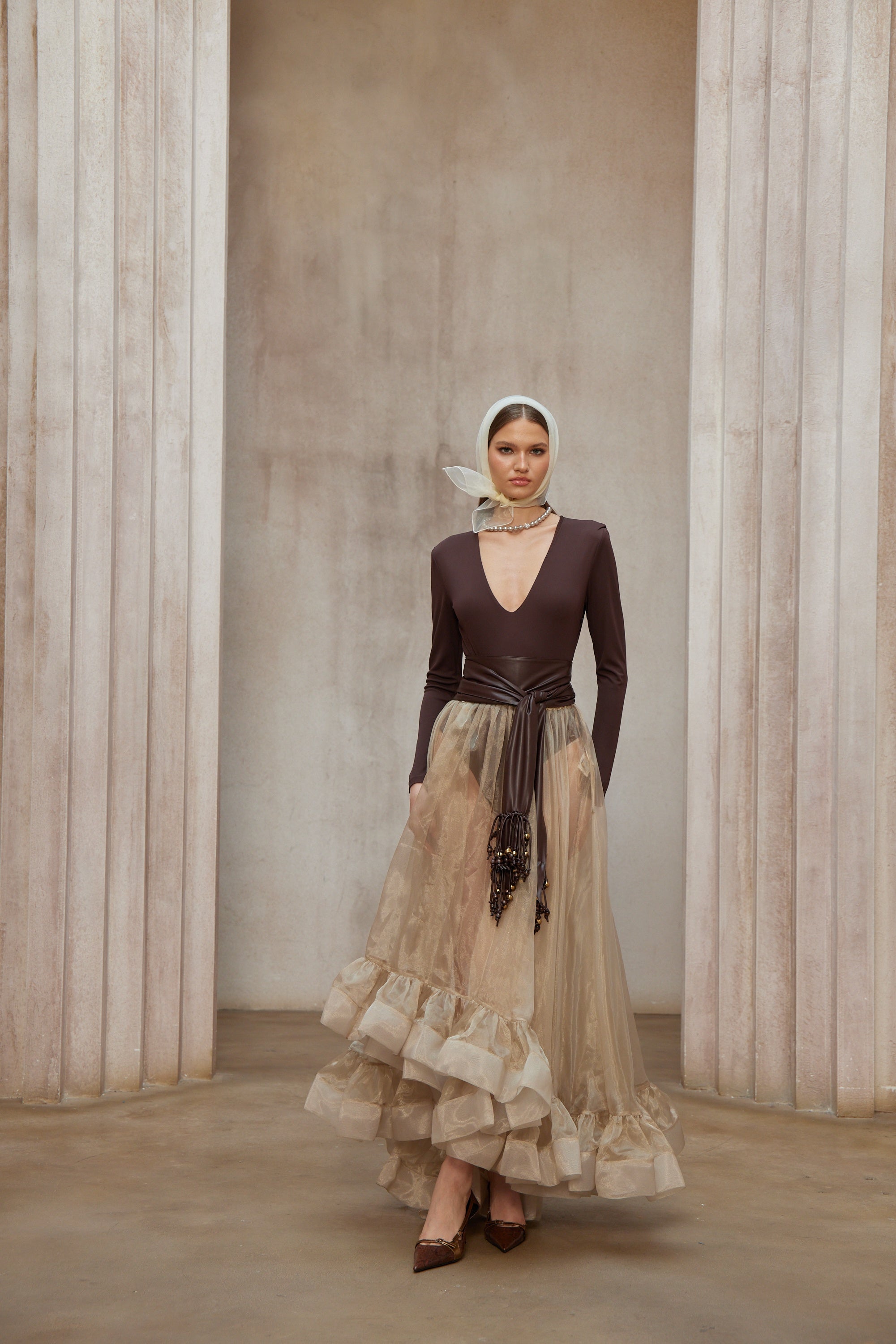 Paula Brown Bodysuit & Neutral Organza Skirt Set (Without Belt)