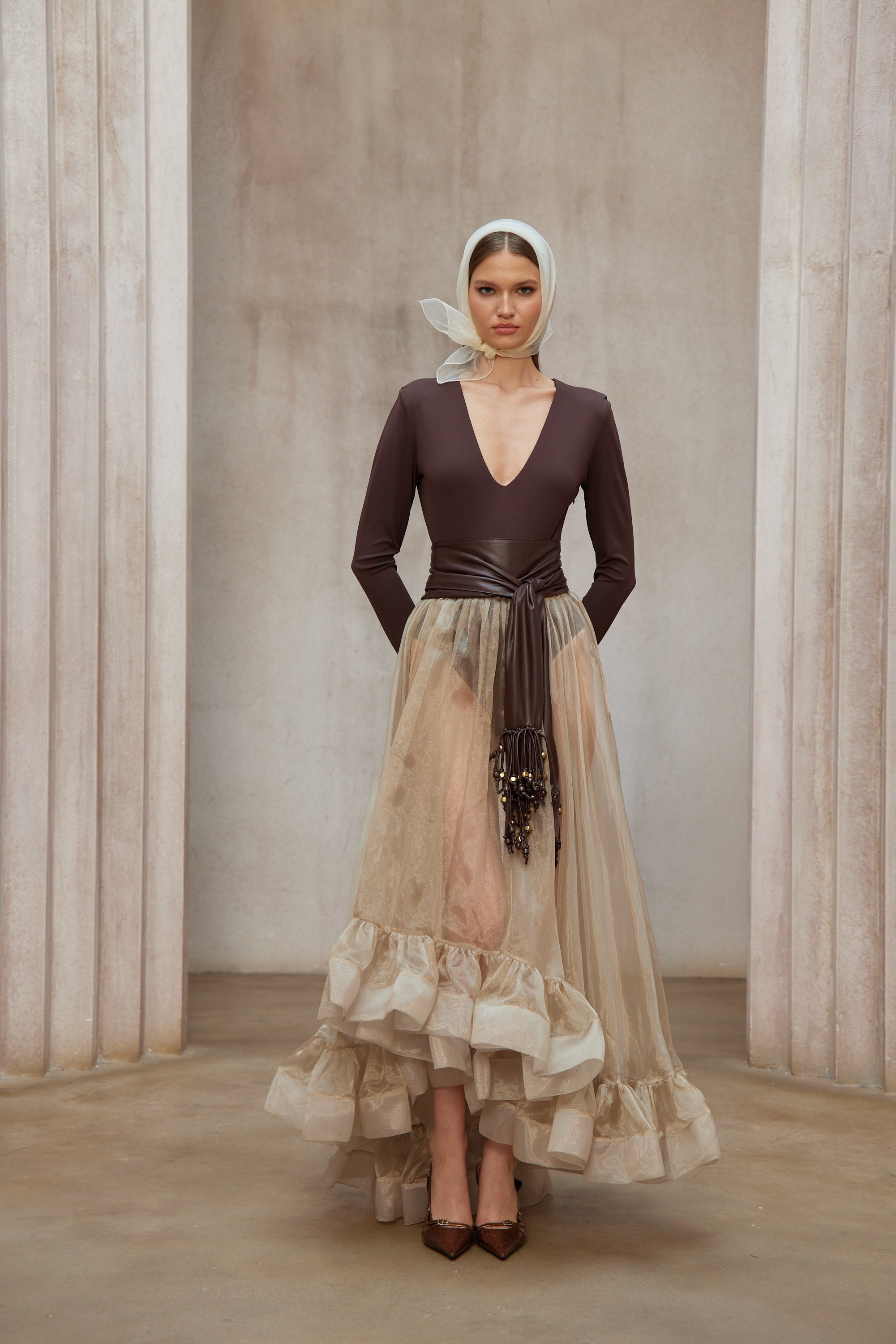 Paula Brown Bodysuit & Neutral Organza Skirt Set (Without Belt)