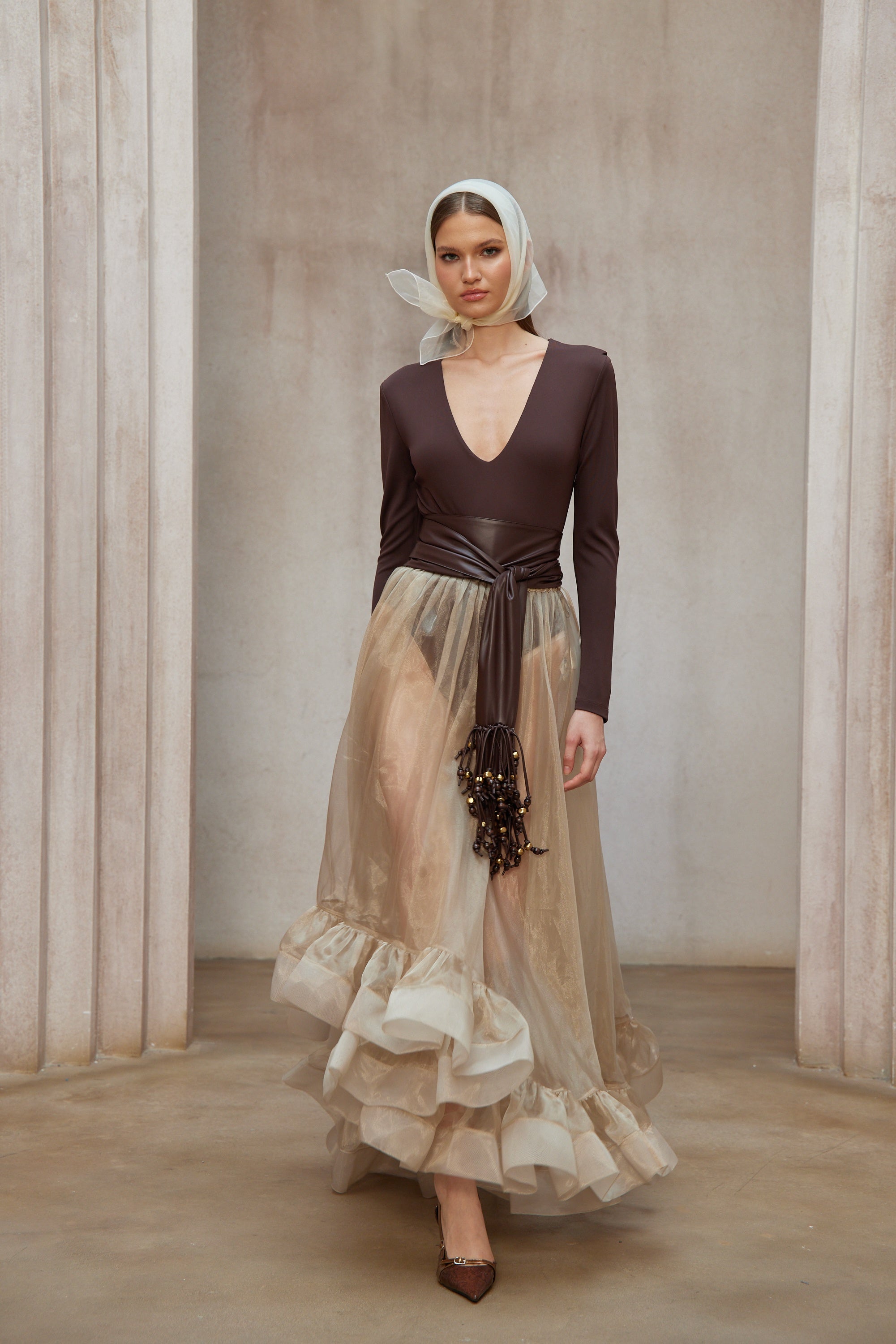 Paula Brown Bodysuit & Neutral Organza Skirt Set (Without Belt)