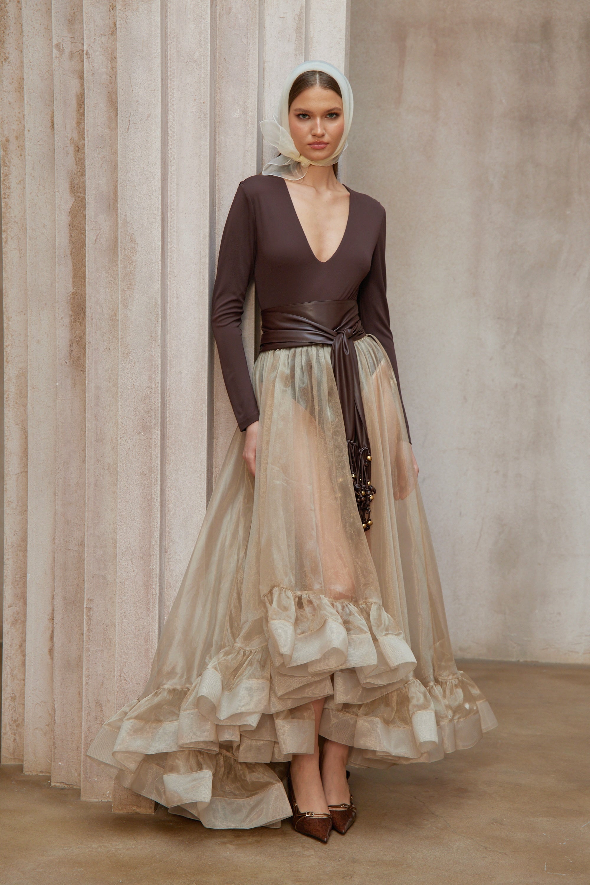 Paula Brown Bodysuit & Neutral Organza Skirt Set (Without Belt)