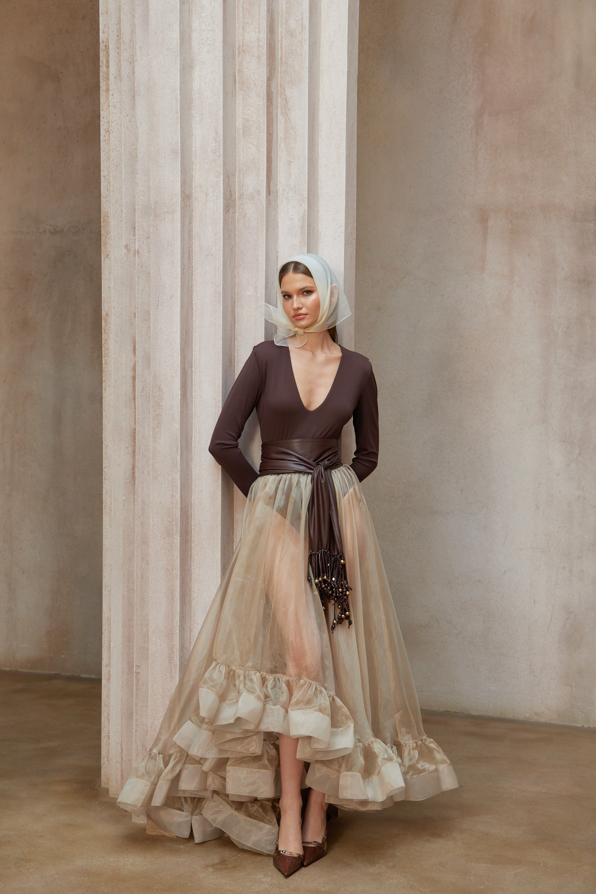 Paula Brown Bodysuit & Neutral Organza Skirt Set (Without Belt)