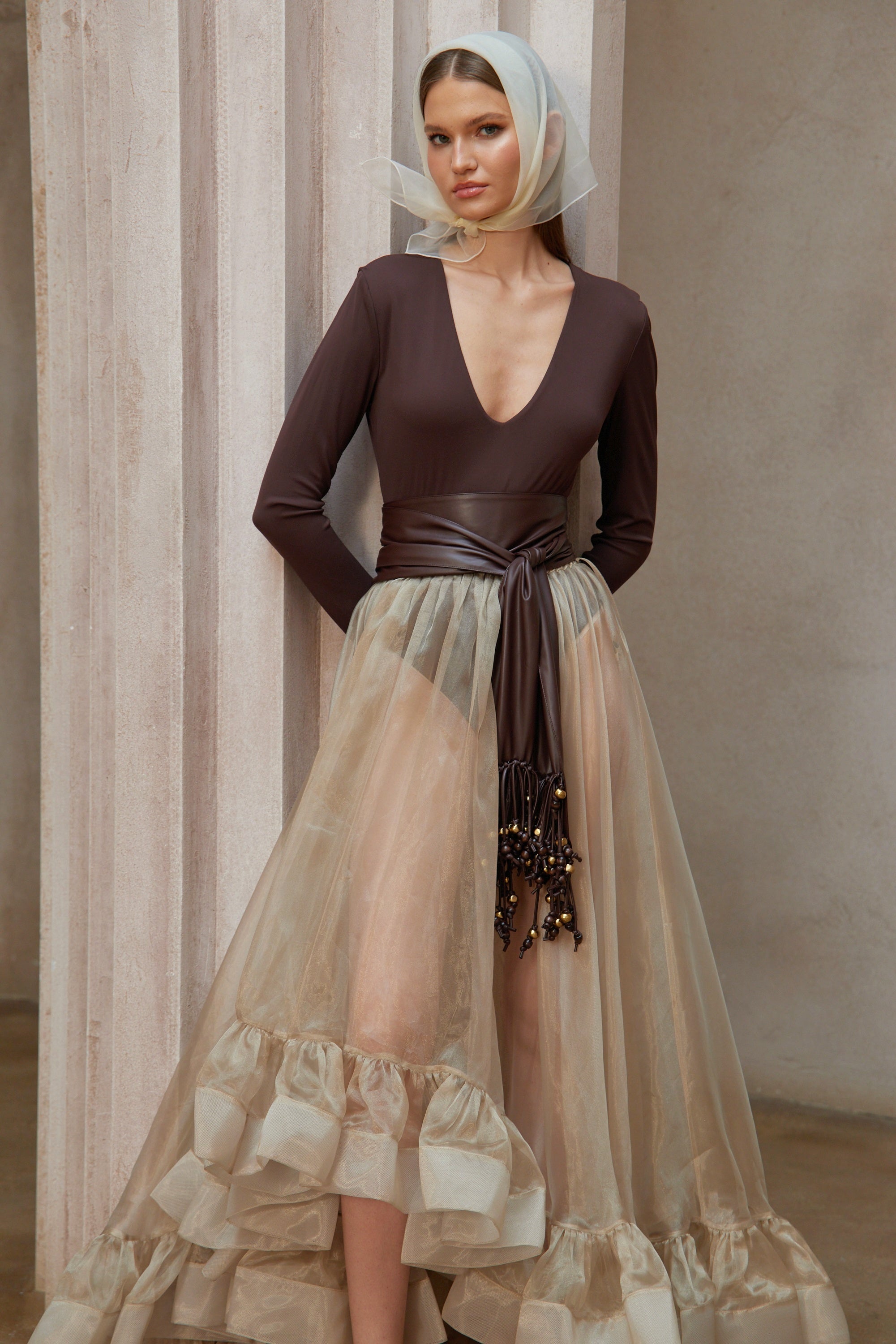 Paula Brown Bodysuit & Neutral Organza Skirt Set (Without Belt)