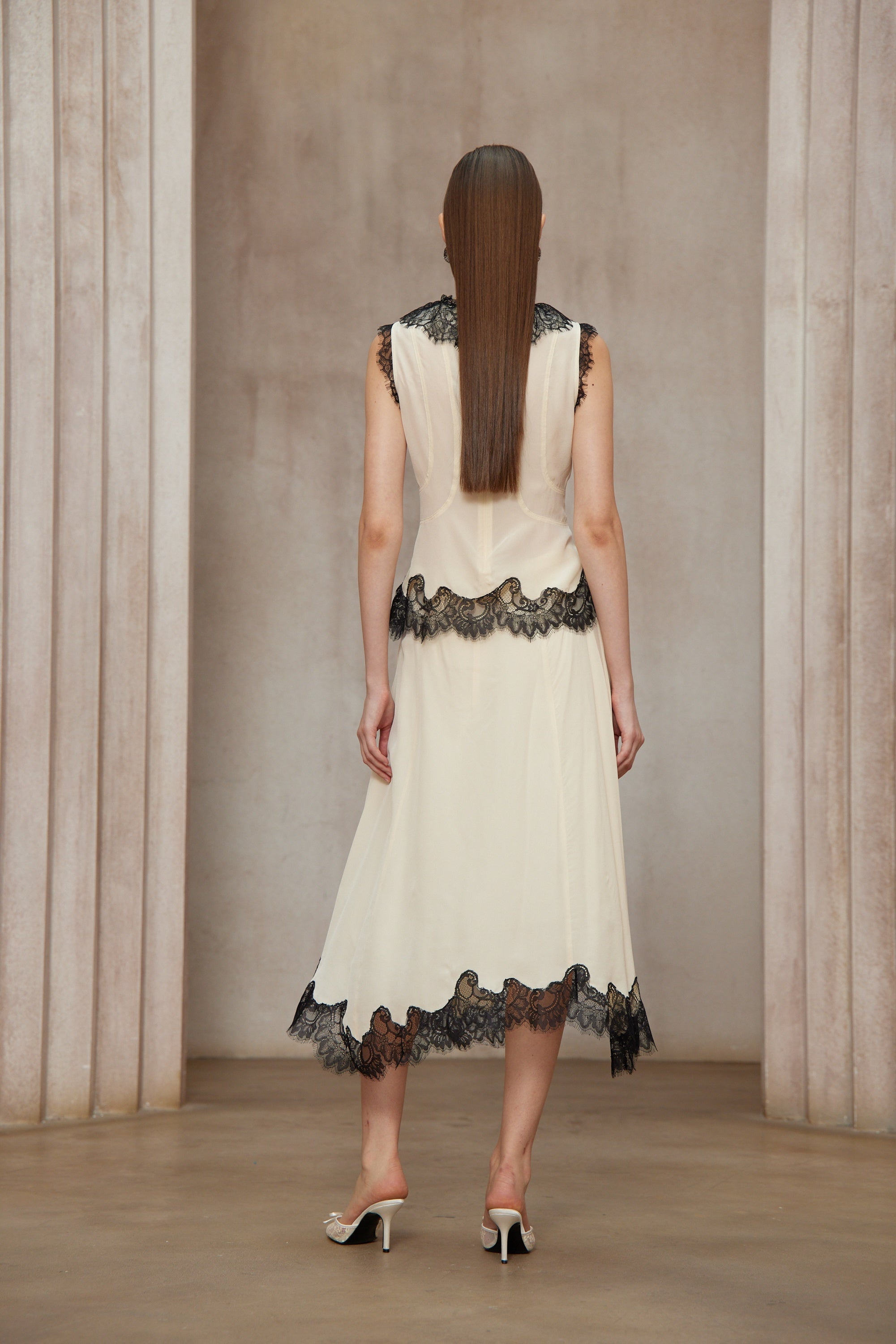 Zsófia Neutral Lace Panel Chiffon Top & Skirt Matching Set