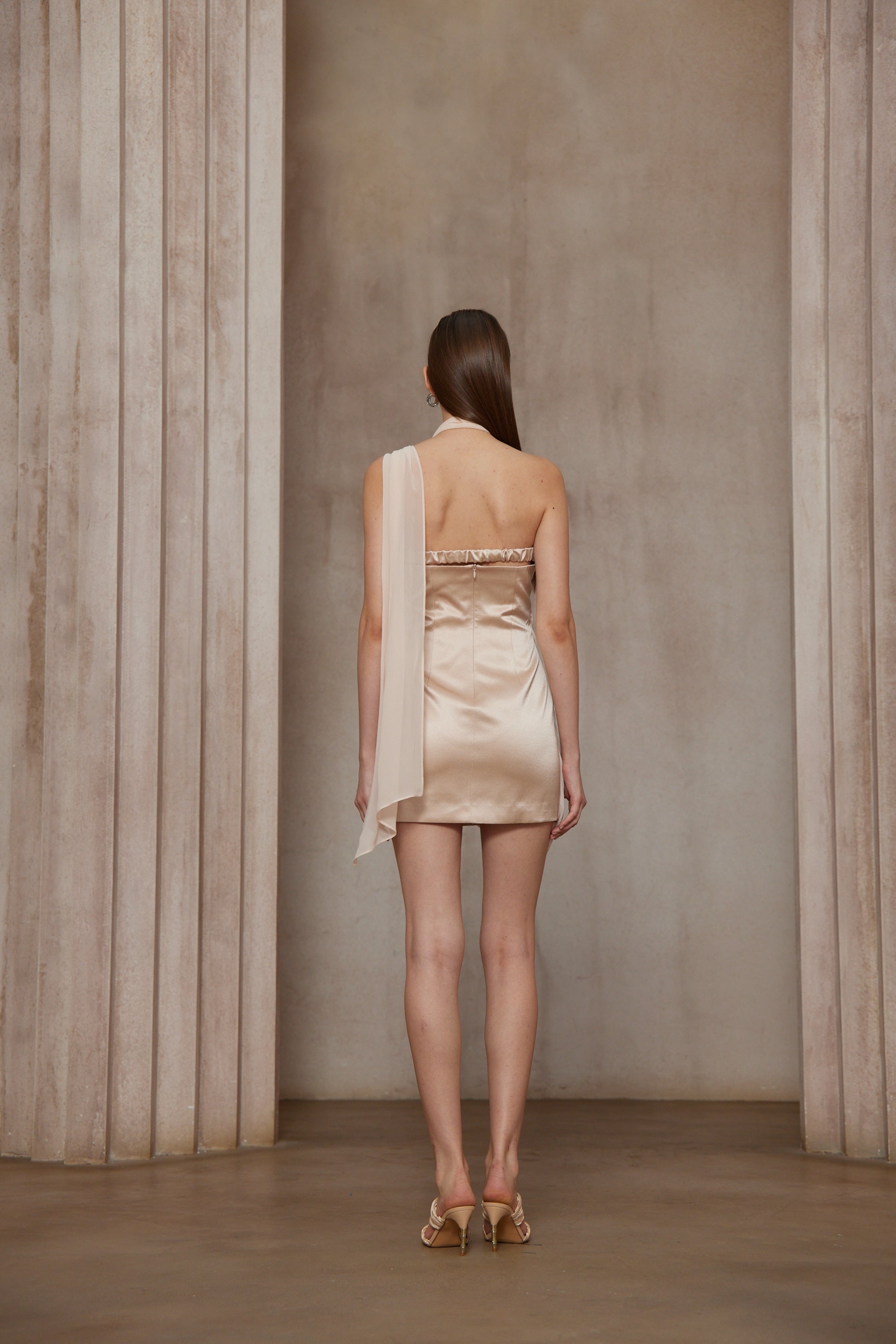 Amber Light Pink Asymmetrical Draped Chiffon Mini Dress