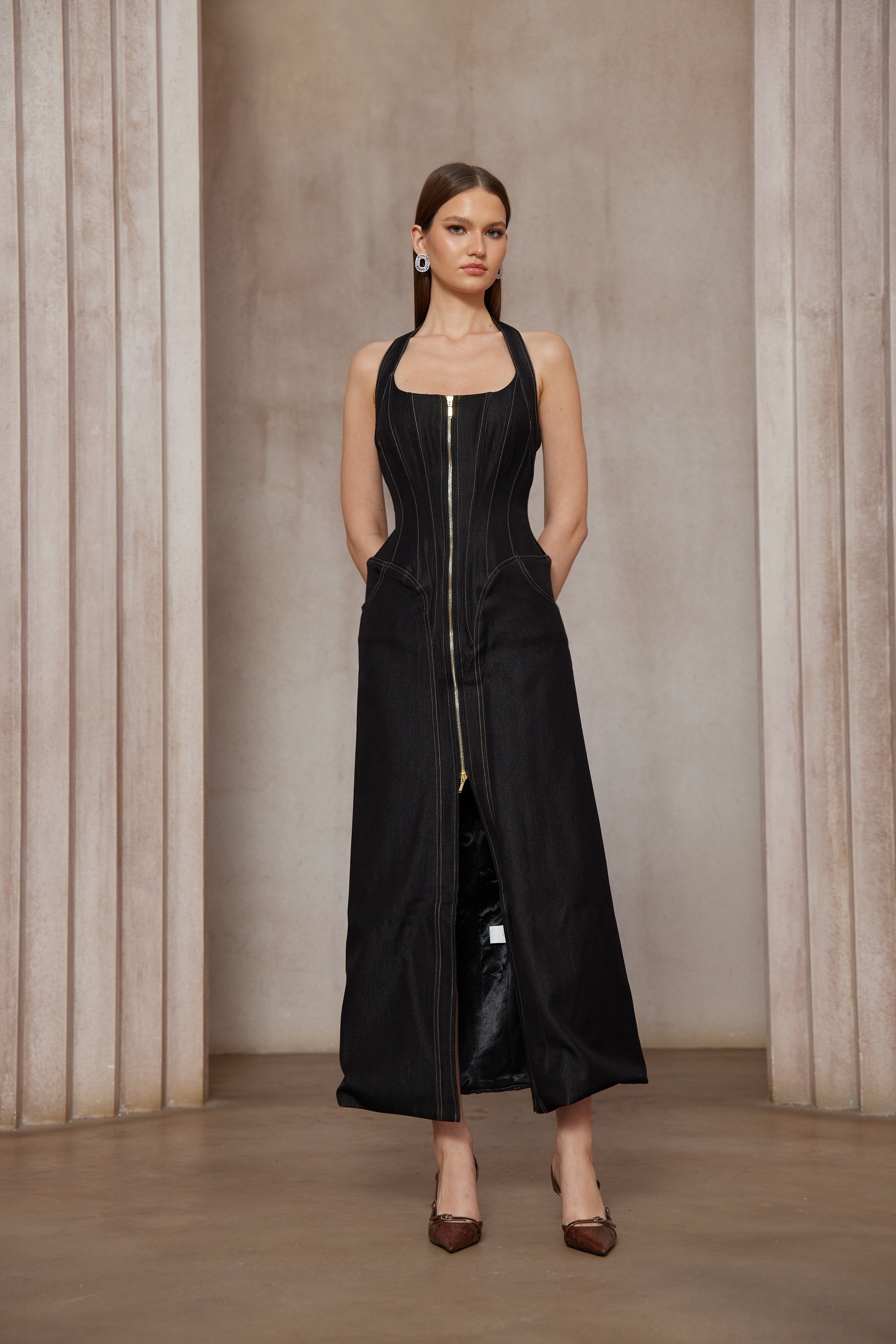 Adrienne black denim front-slit contrast-stitching maxi dress