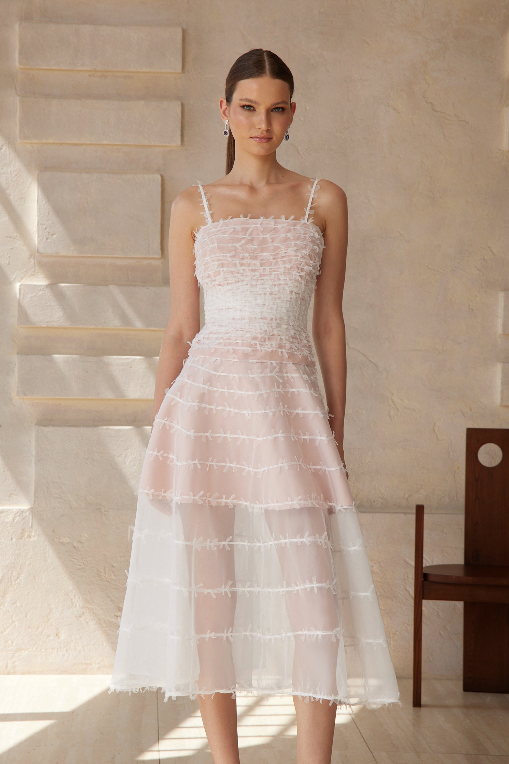 Eléonore White Creased Tulle Midi Dress