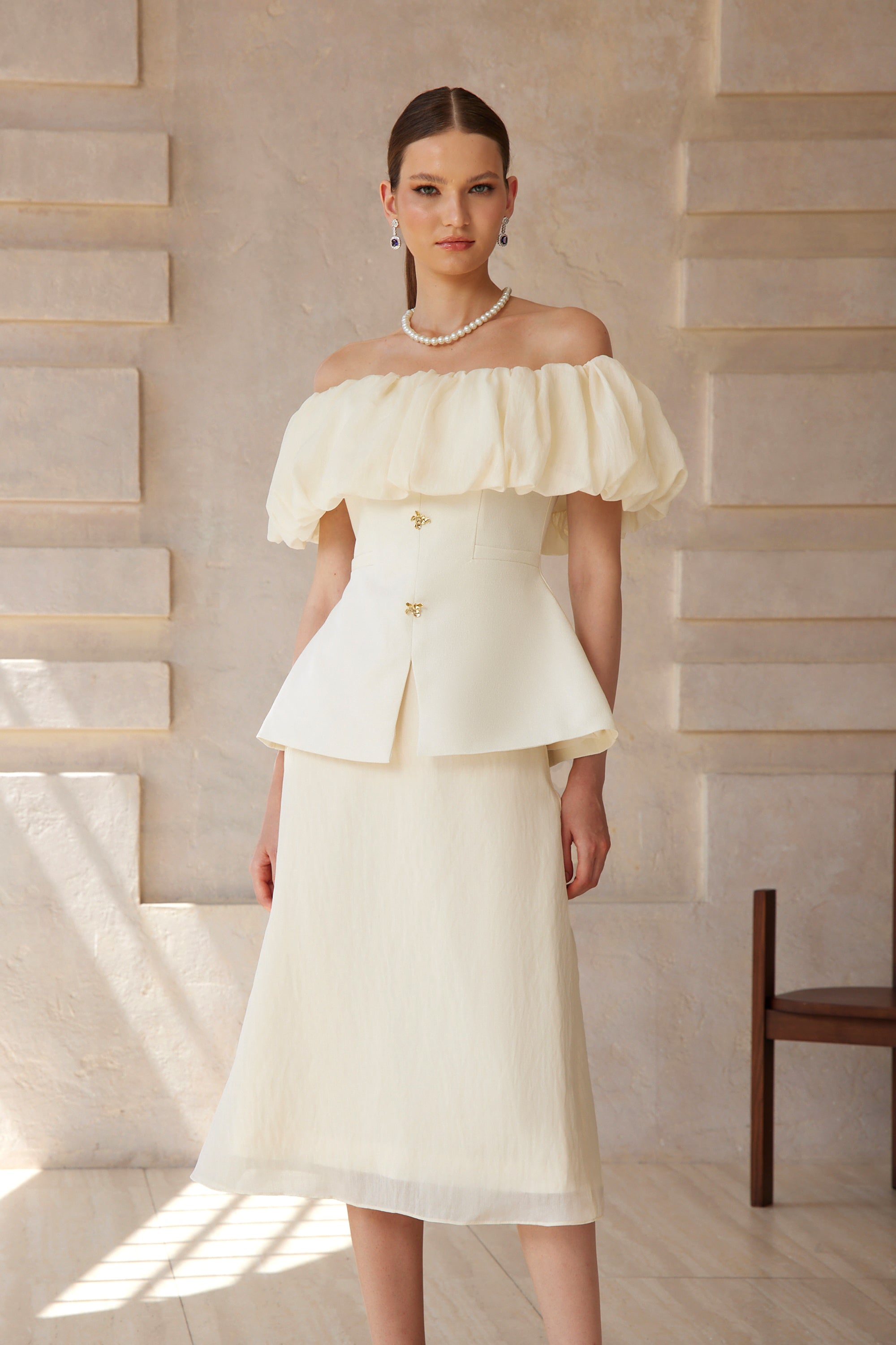 Dianthe White Off Shoulder Shirred Top & Skirt Set (Final Sale)