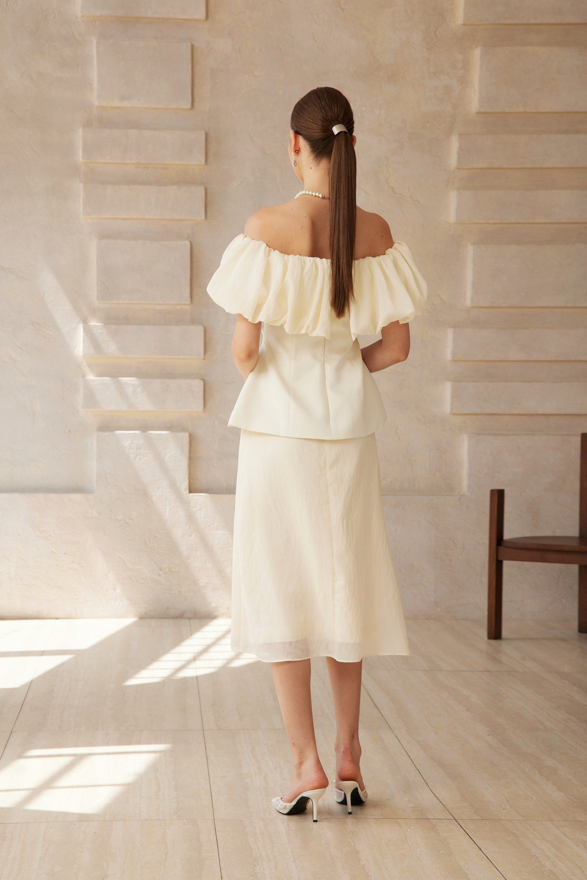 Dianthe White Off Shoulder Shirred Top & Skirt Set (Final Sale)