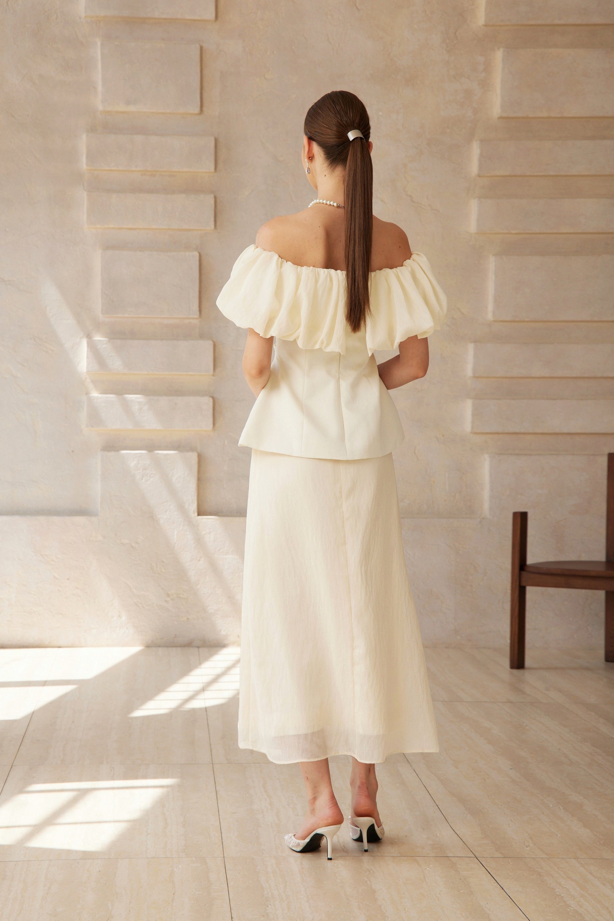 Dianthe White Off Shoulder Shirred Top & Skirt Set