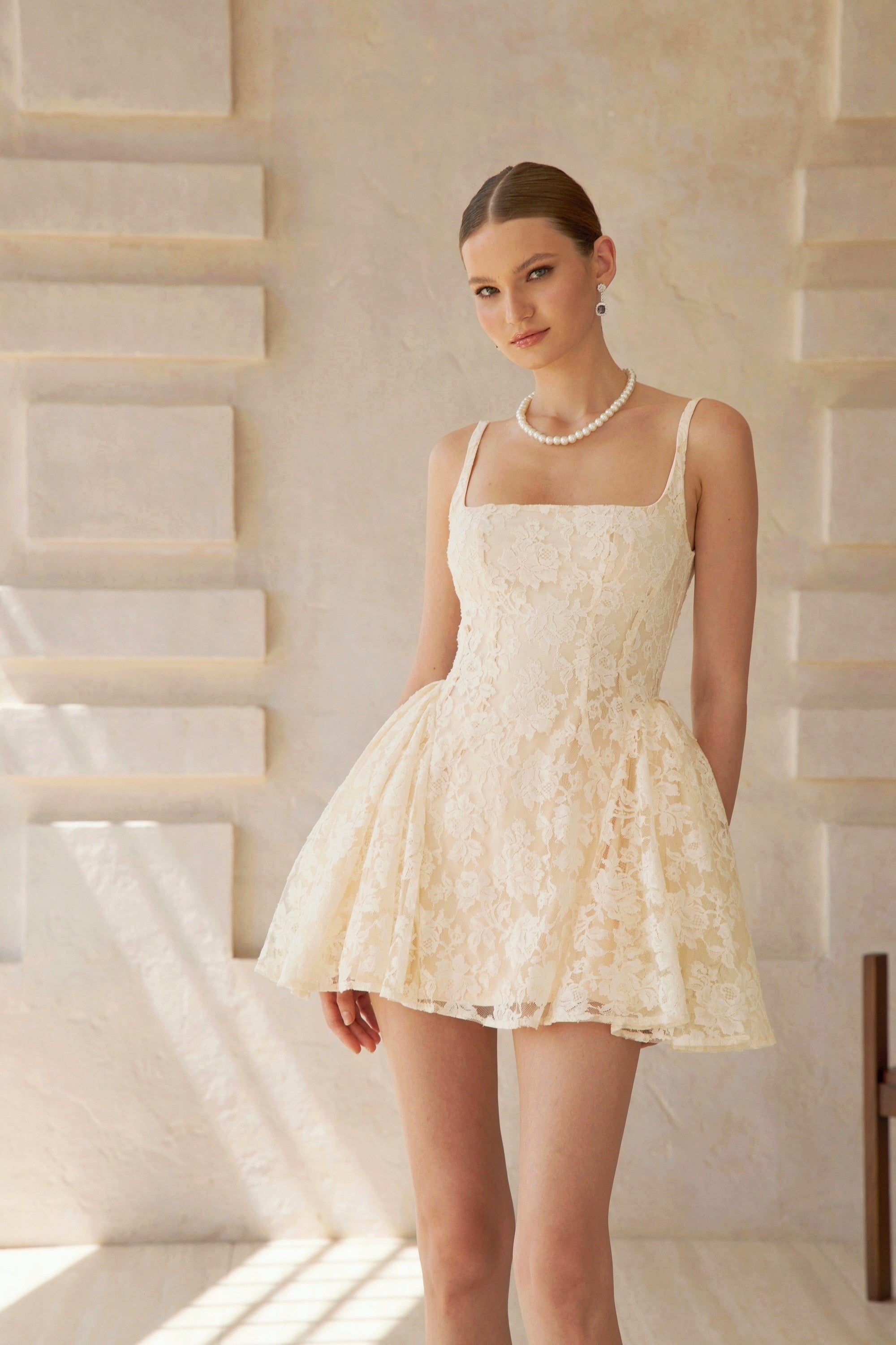Euphemia Cream White Floral Lace Mini Dress
