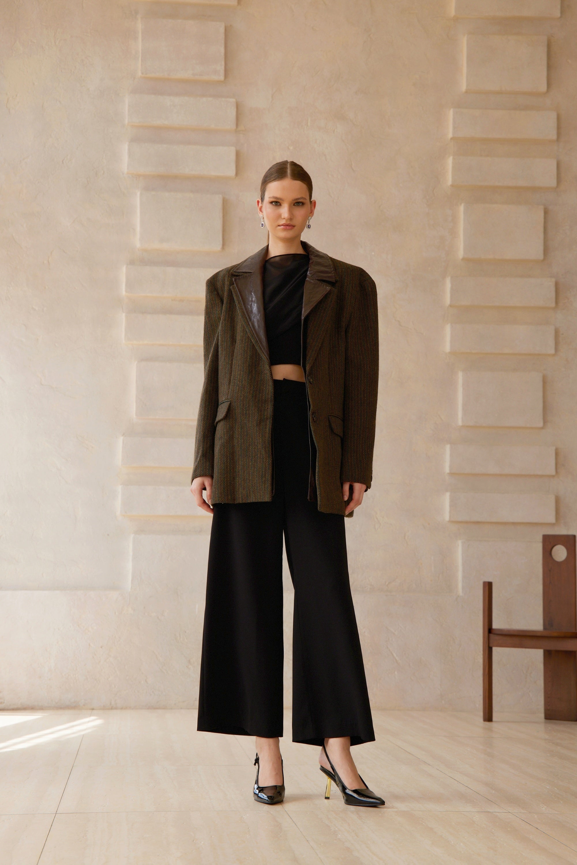 Amber Brown Leather Panel Herringbone Tweed Blazer