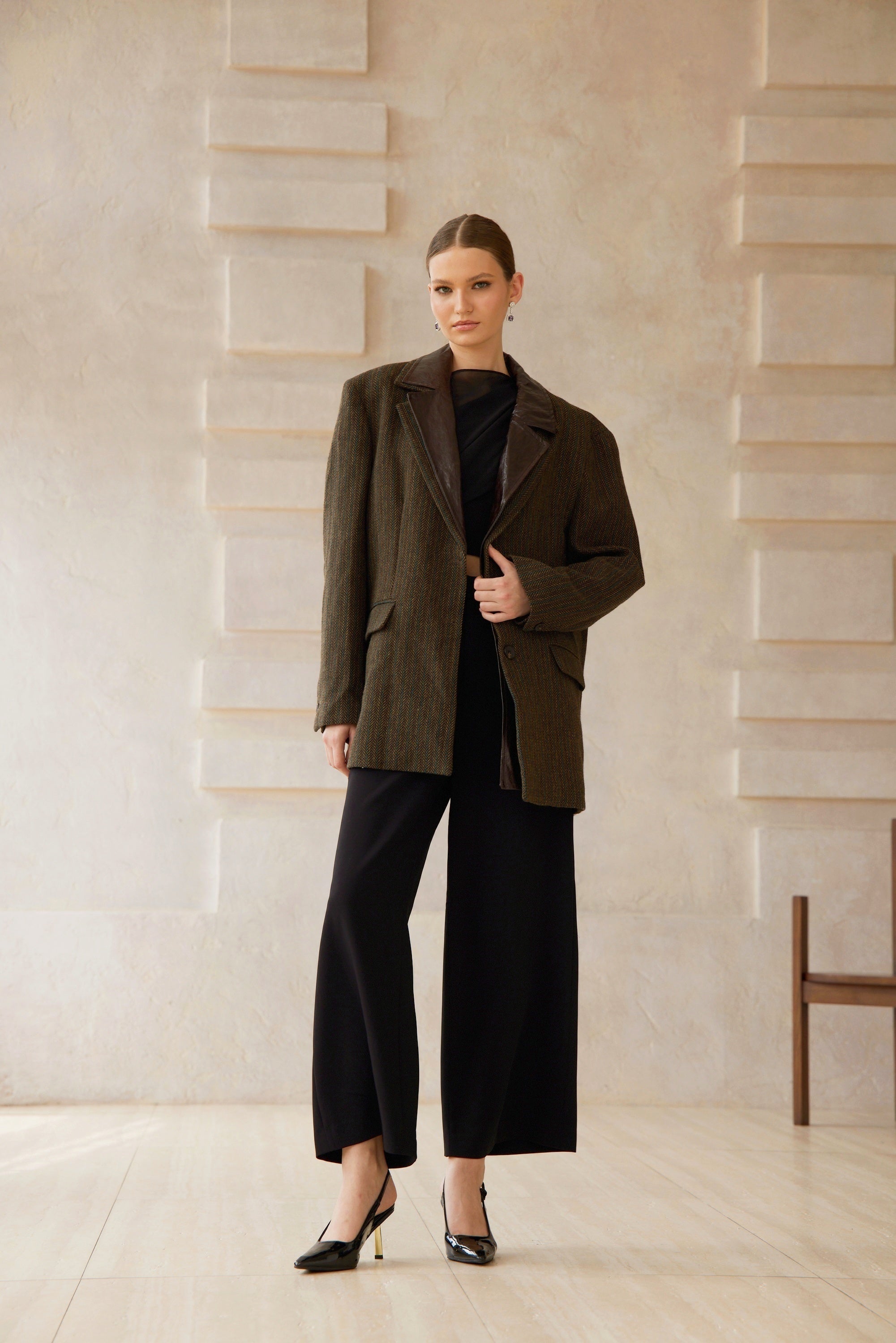 Amber Brown Leather Panel Herringbone Tweed Blazer