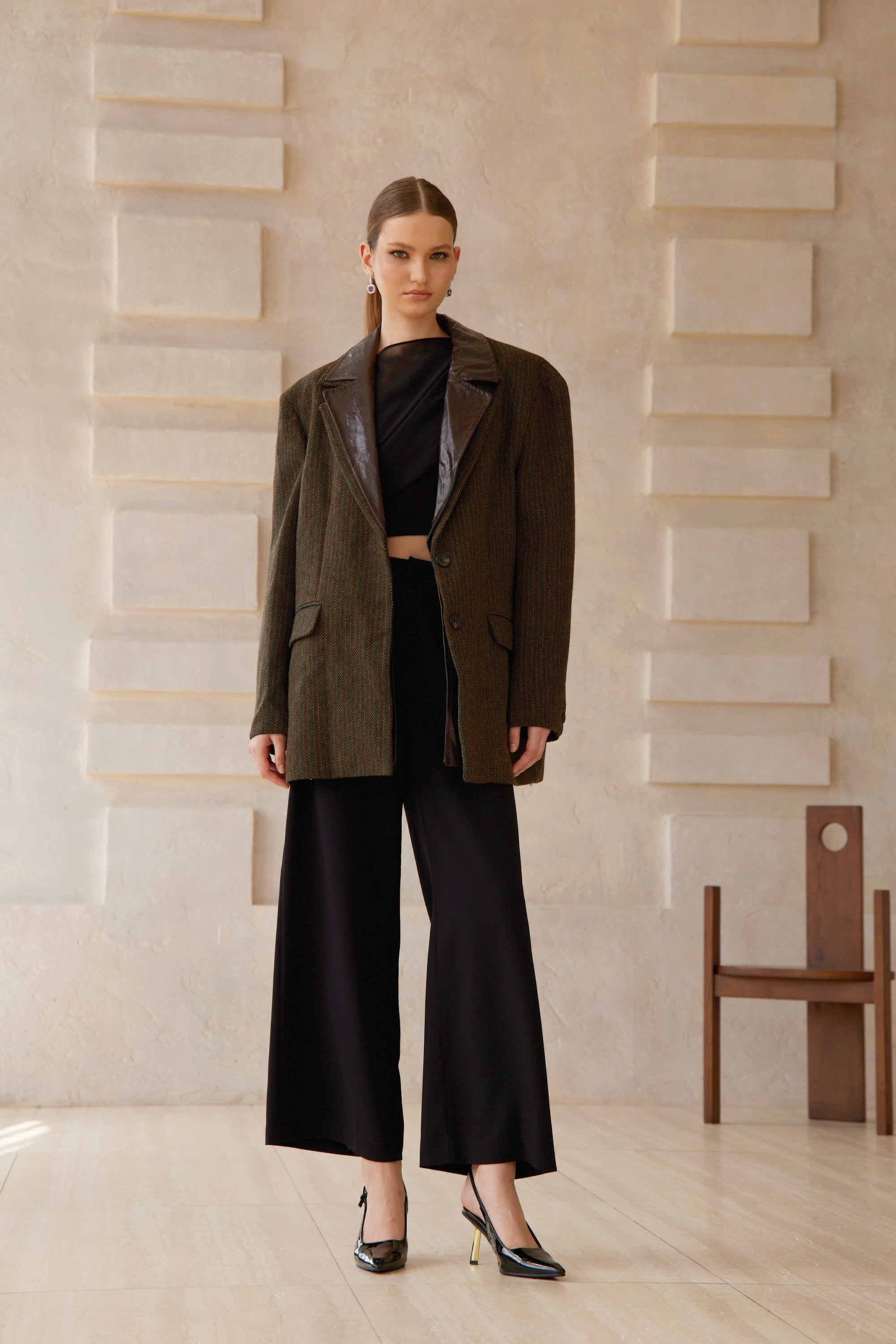 Amber Brown Leather Panel Herringbone Tweed Blazer