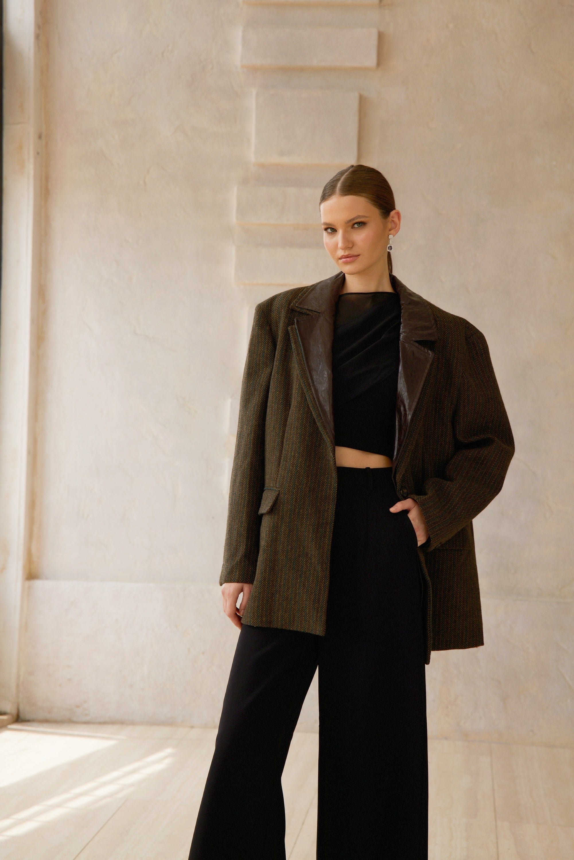 Amber Brown Leather Panel Herringbone Tweed Blazer