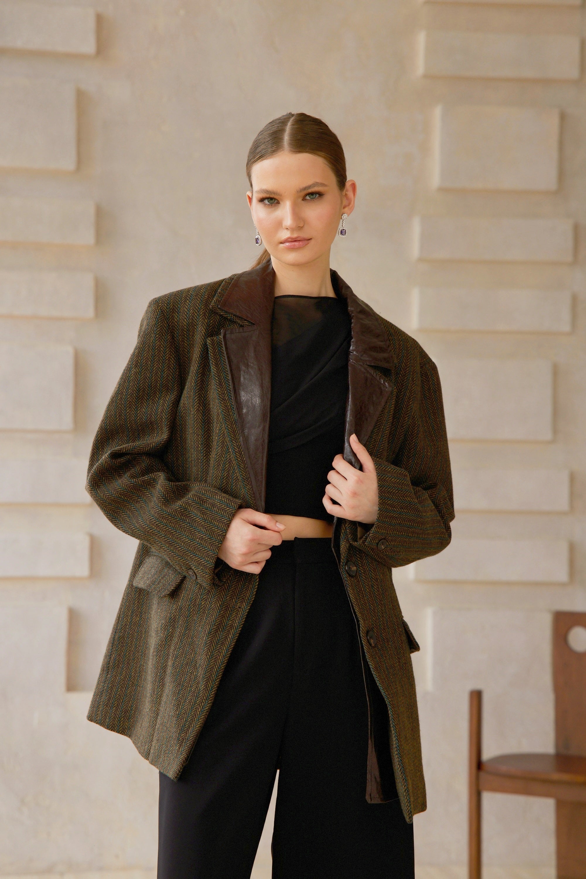 Amber Brown Leather Panel Herringbone Tweed Blazer