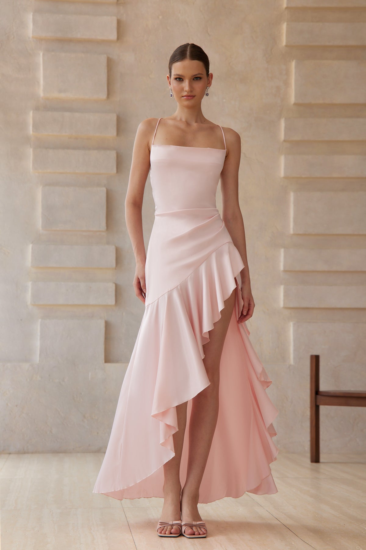 Lna Pink Asymmetrical Satin Midi Dress