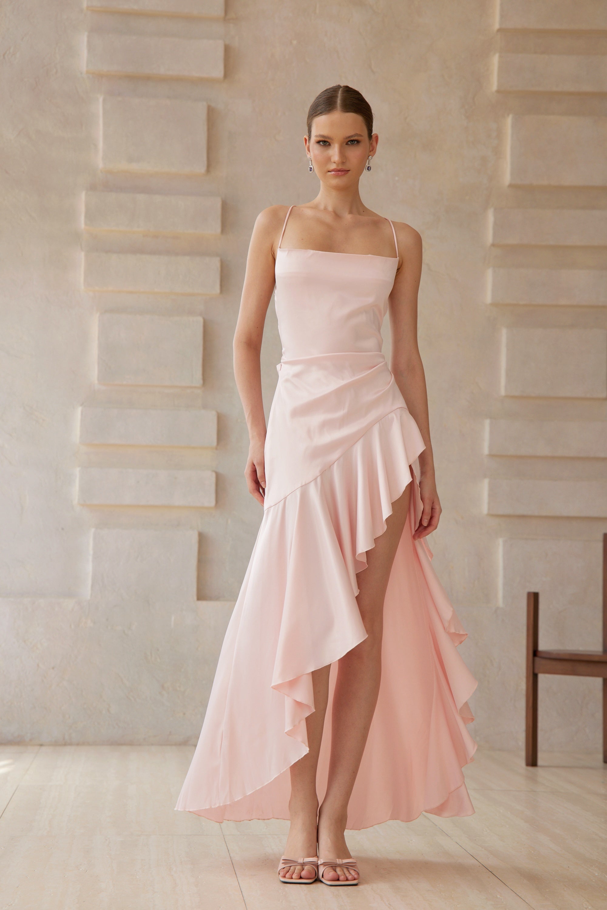 Léna Pink Asymmetrical Satin Midi Dress