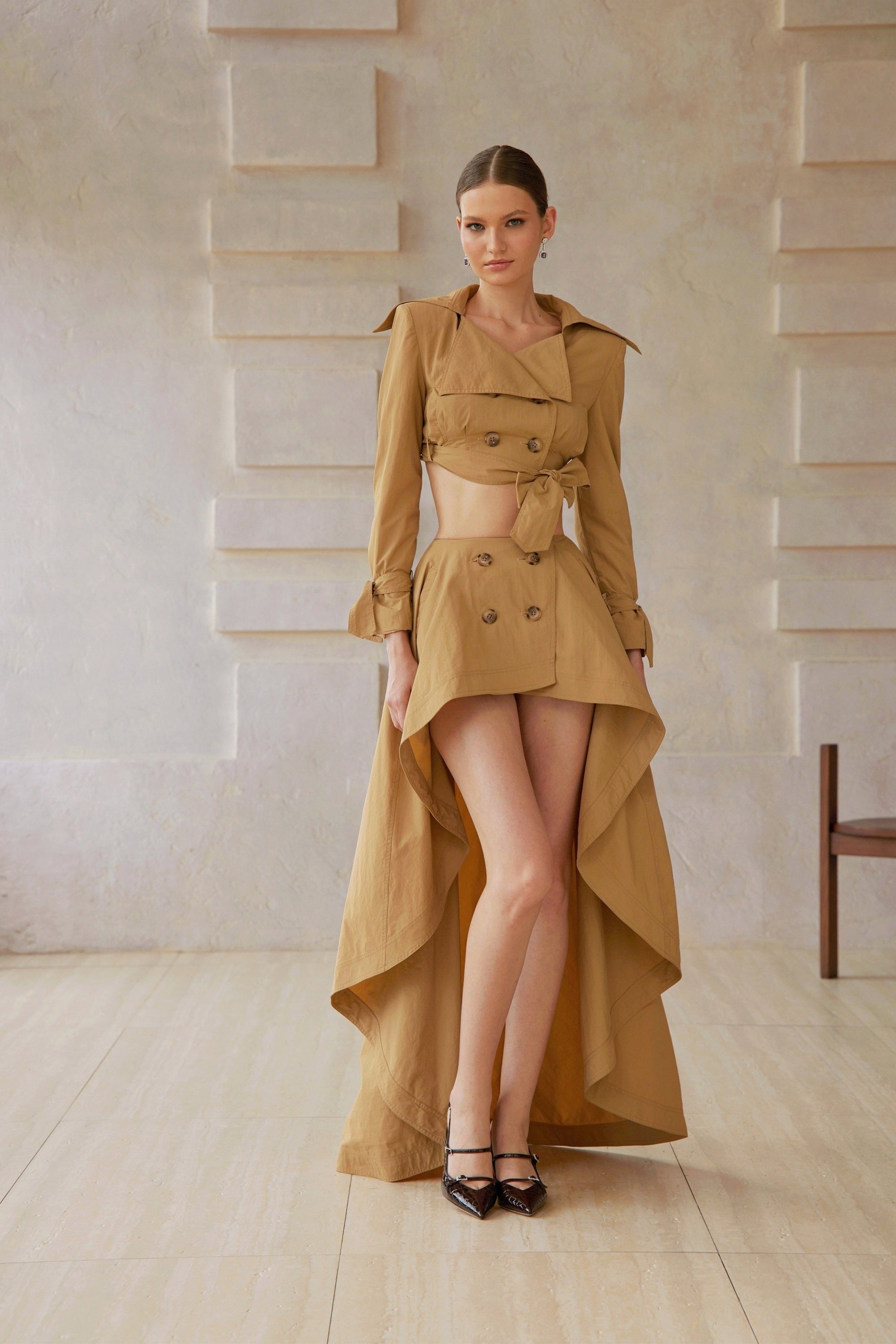Maelle Khaki Cropped Trench Jacket & Skirt Matching Set