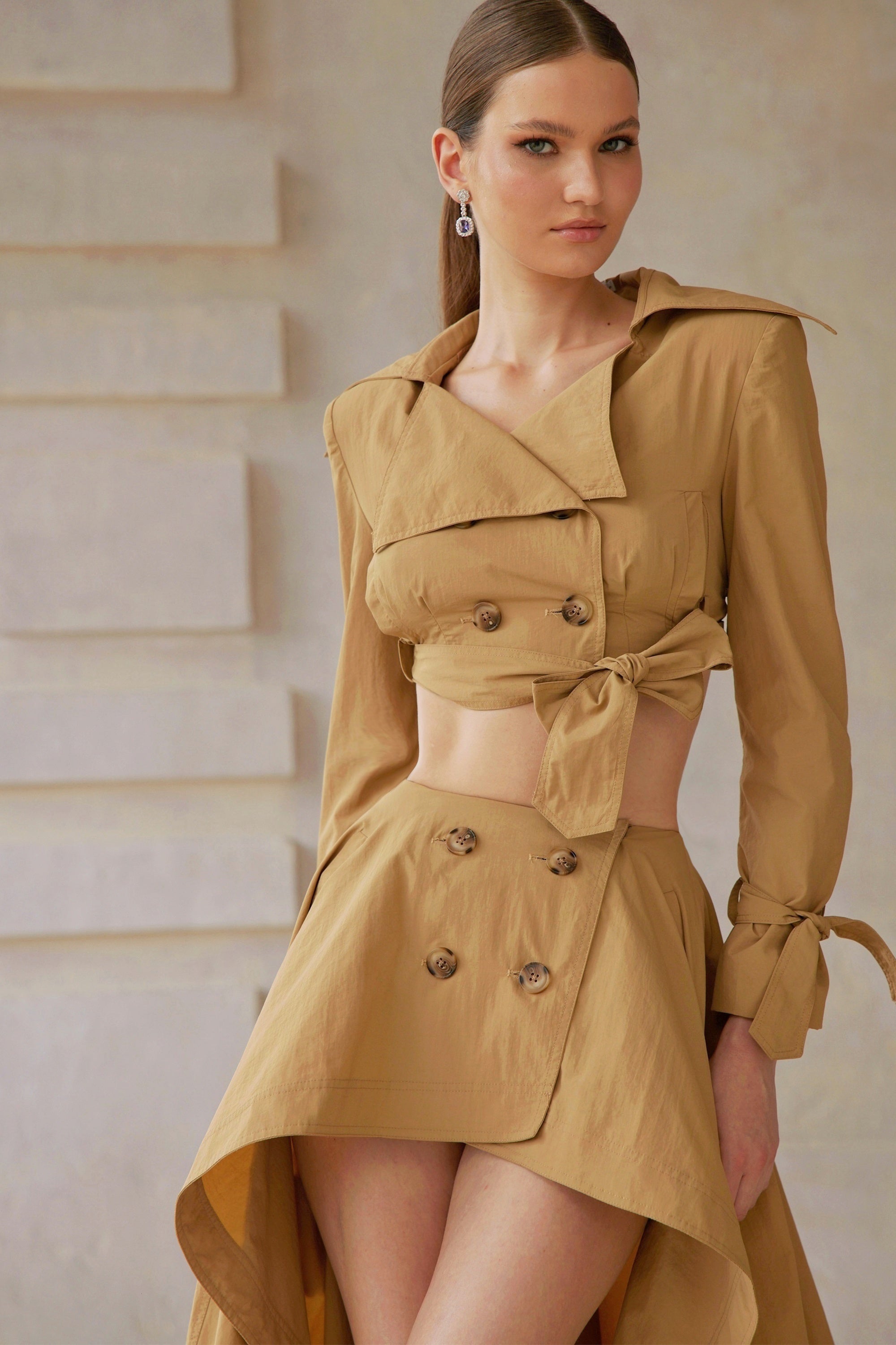 Maelle Khaki Cropped Trench Jacket & Skirt Matching Set