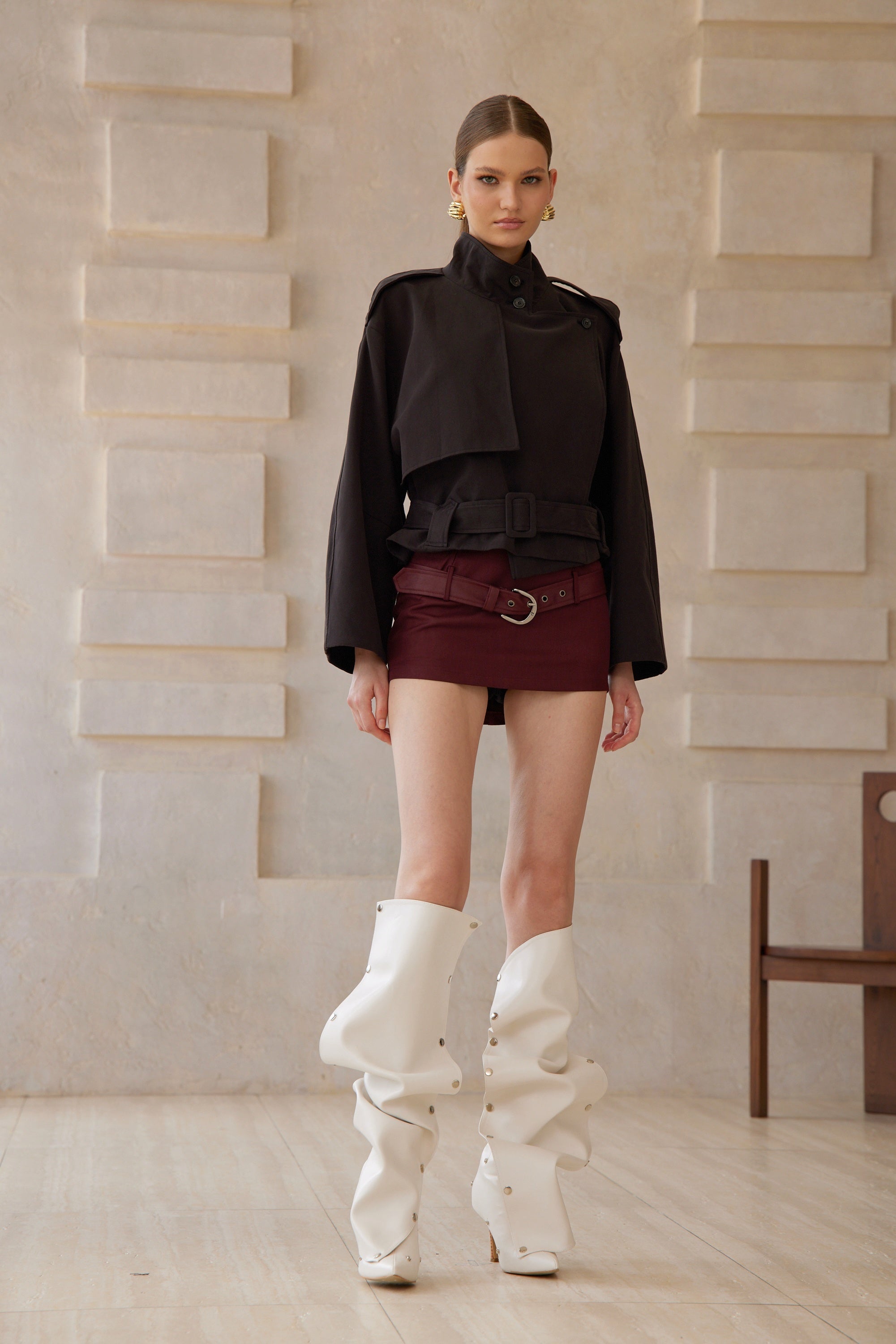 Tiphaine Black Asymmetrical Belted Short Trench Coat