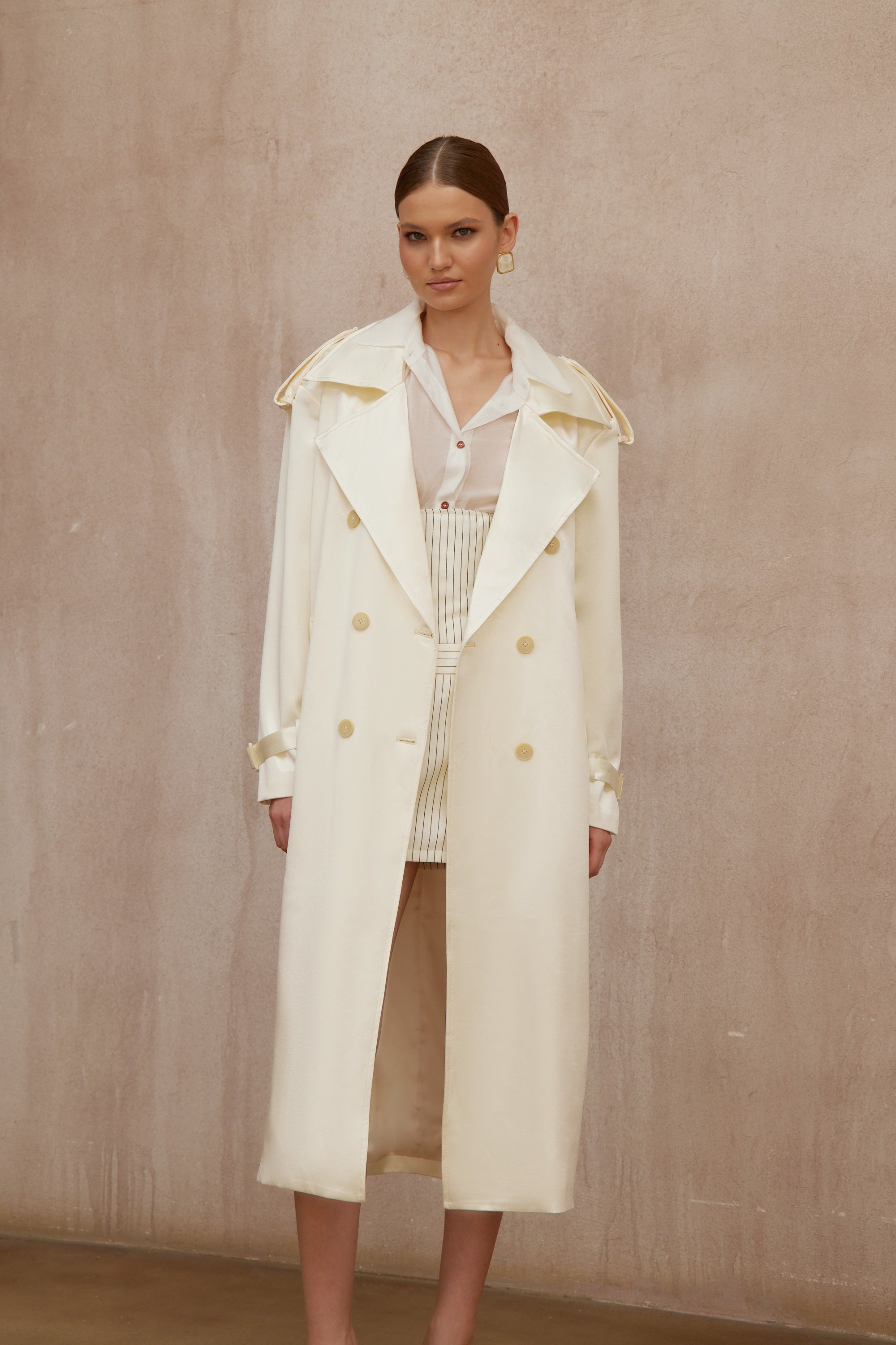 Amélie Cream White Satin Long Trench Coat