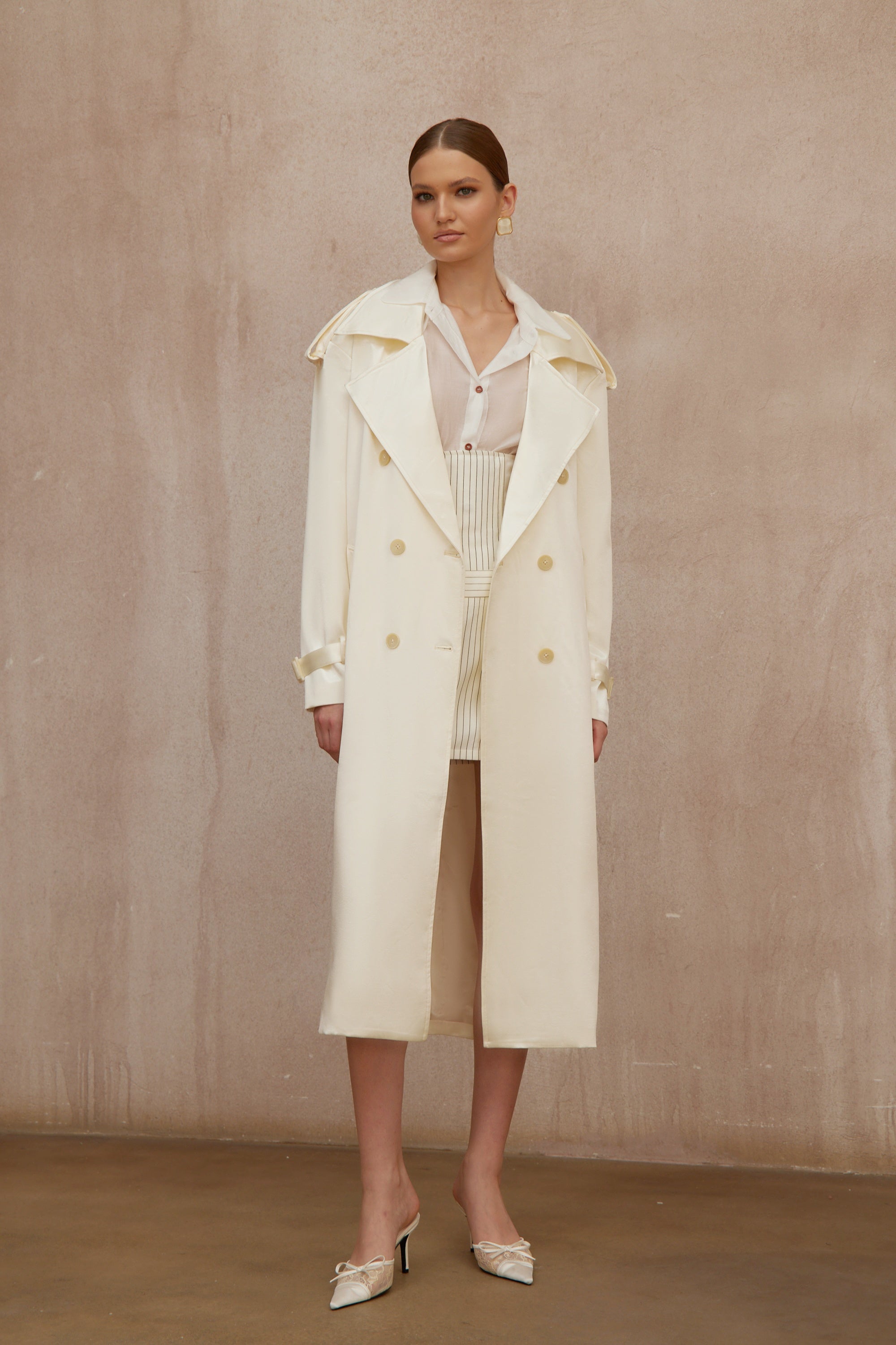Amélie Cream White Satin Long Trench Coat