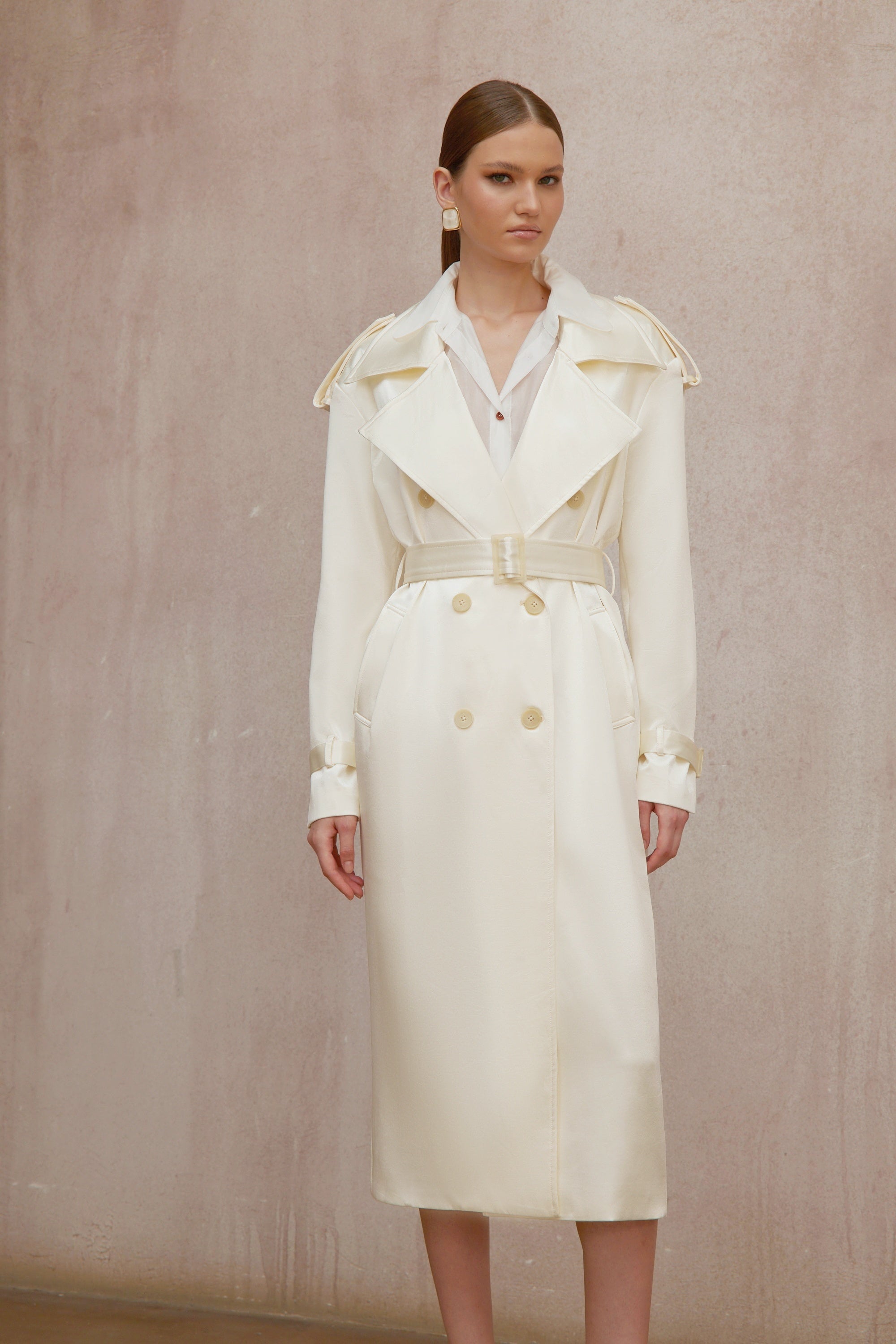 Amélie Cream White Satin Long Trench Coat